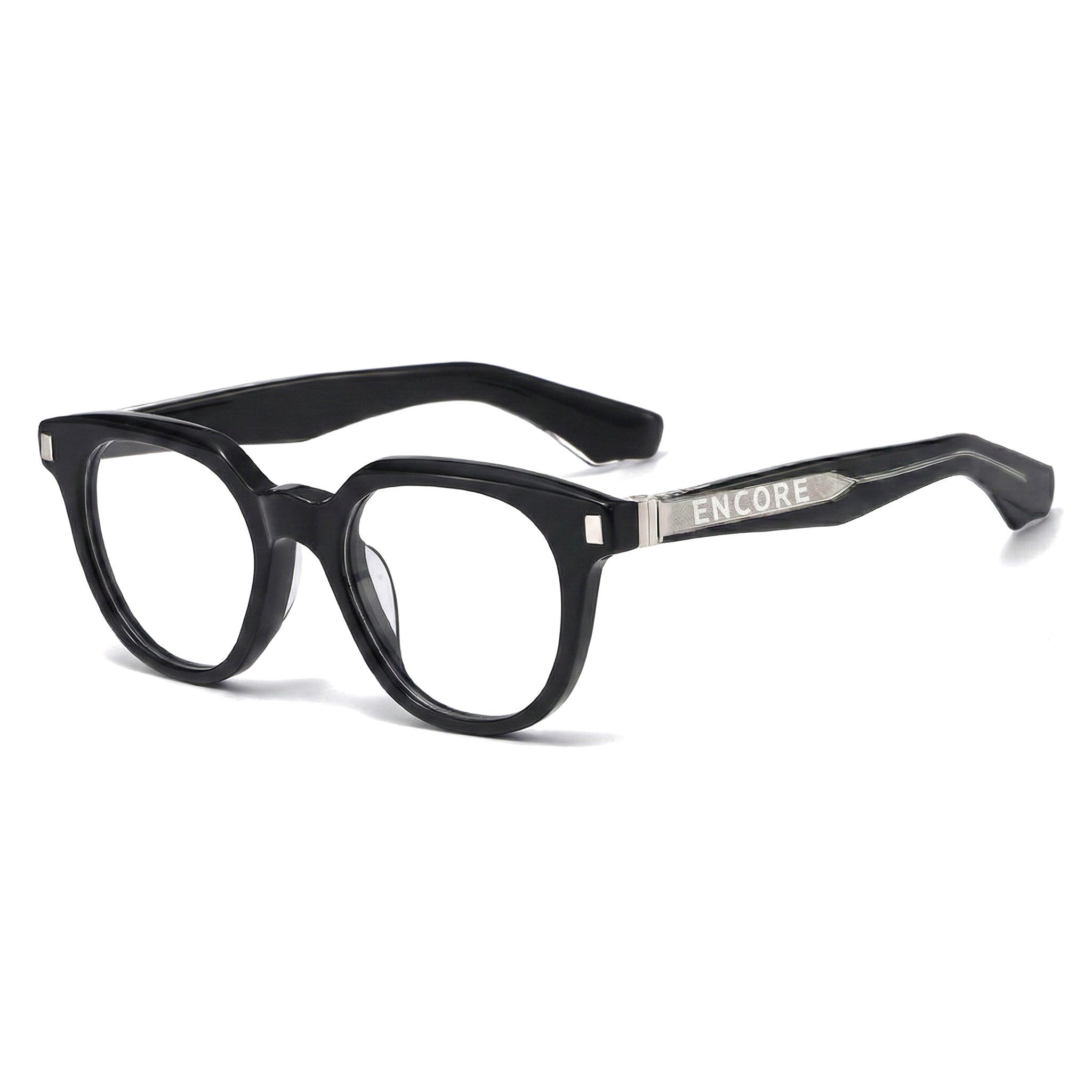 Encore Finesse glasses closeup 45-degree view in black silver frames
