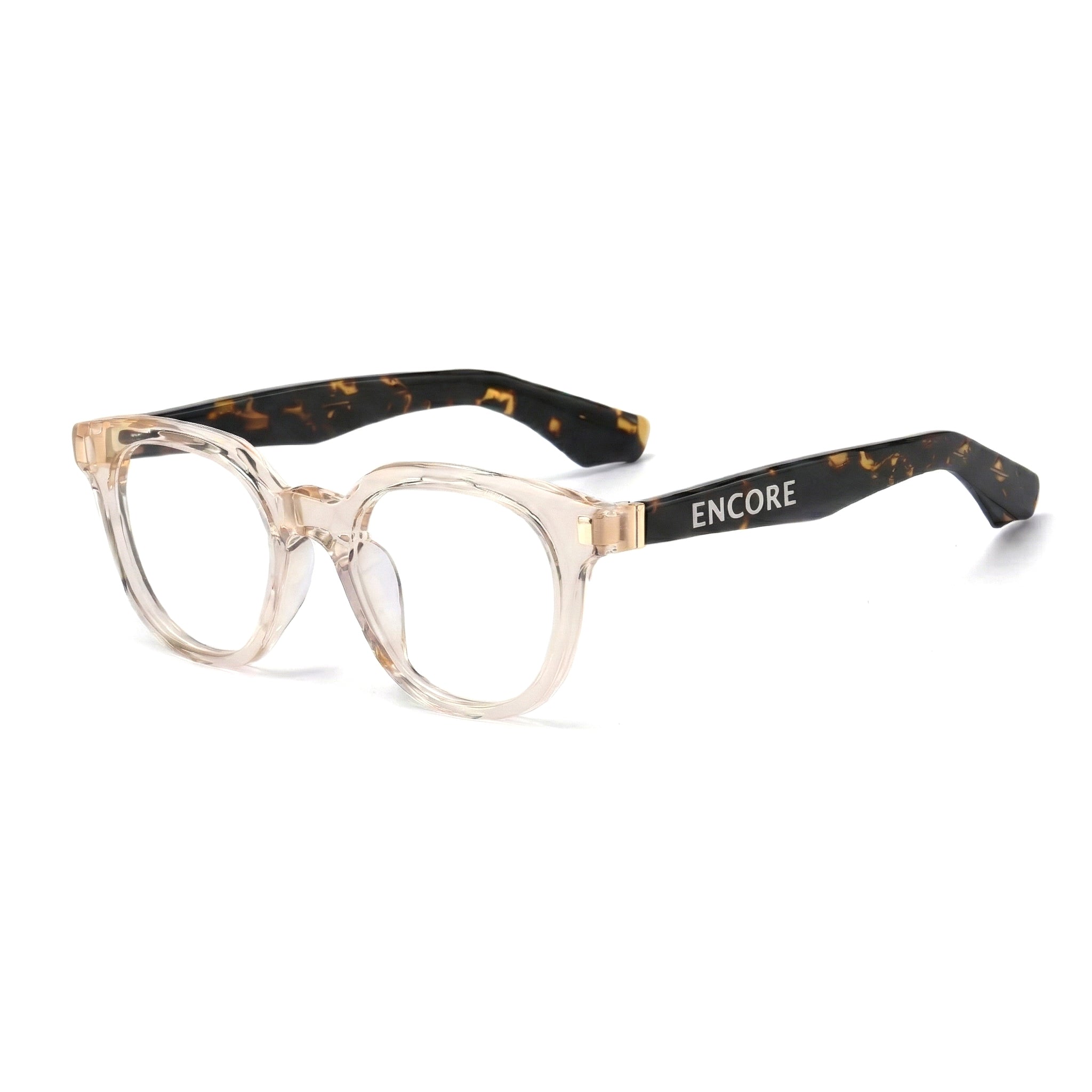 Encore Finesse glasses closeup 45-degree view in champagne gold frames