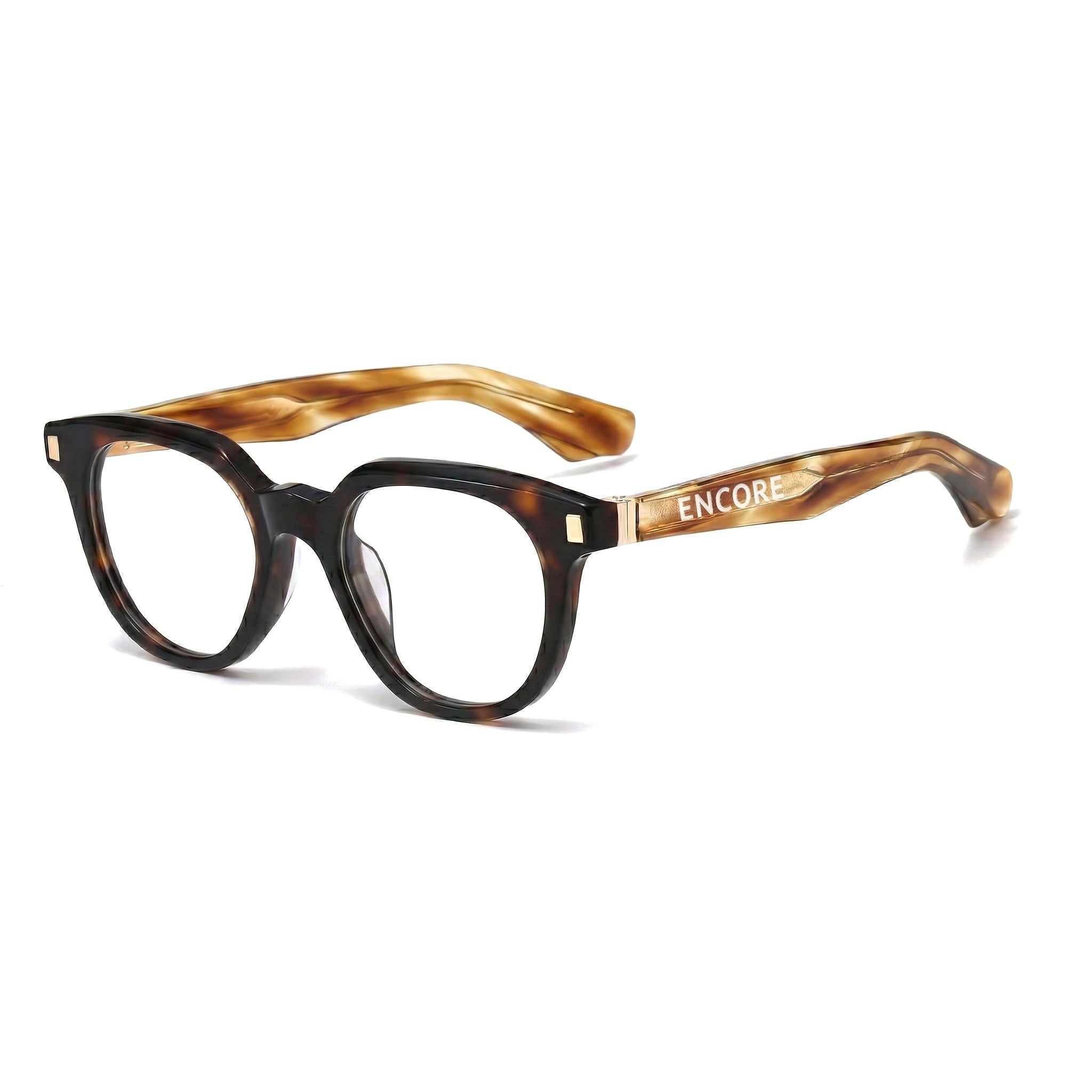 Encore Finesse glasses closeup 45-degree view in hawksbill gold frames