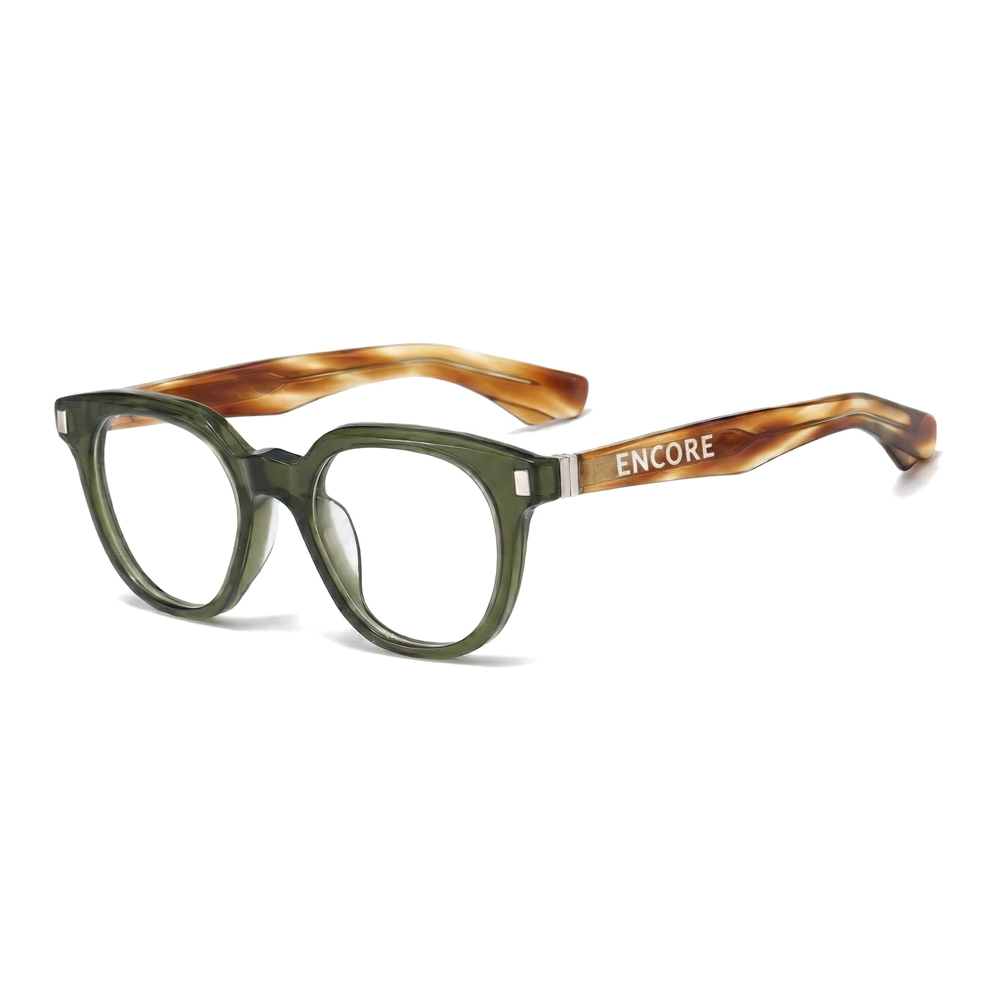 Encore Finesse glasses closeup 45-degree view in olive green silver frames