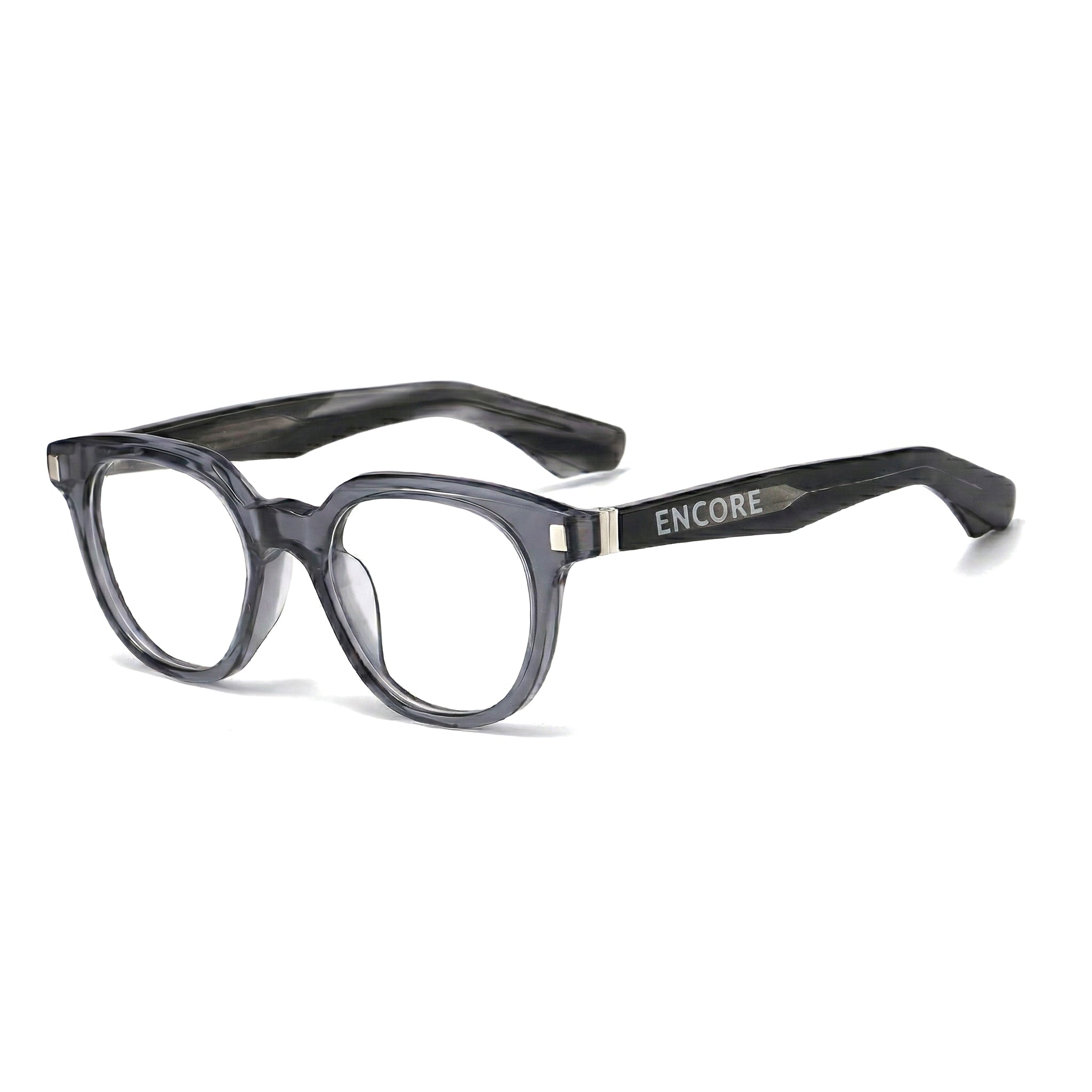 Encore Finesse glasses closeup 45-degree view in gray silver frames