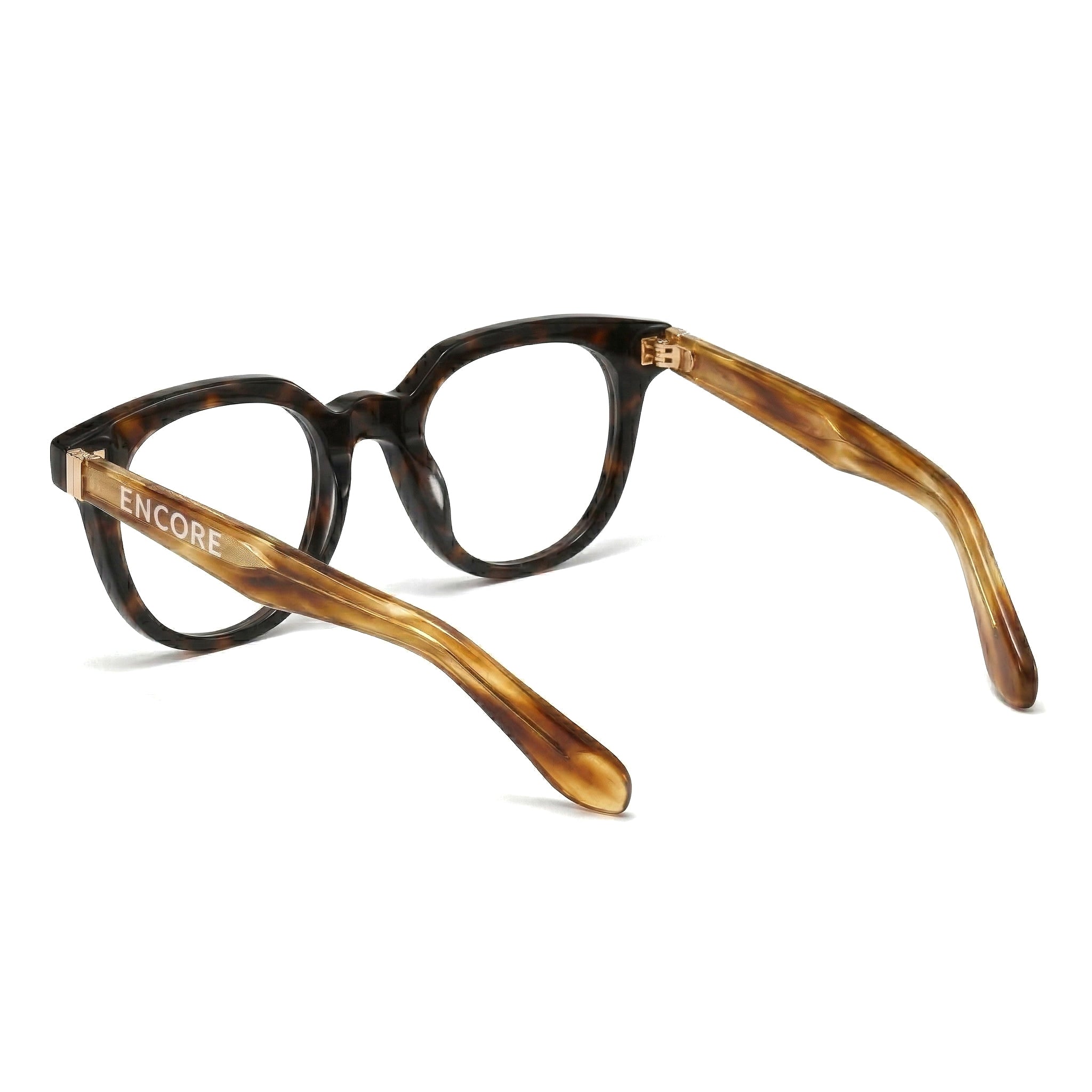 Encore Finesse glasses closeup side view in hawksbill gold frames