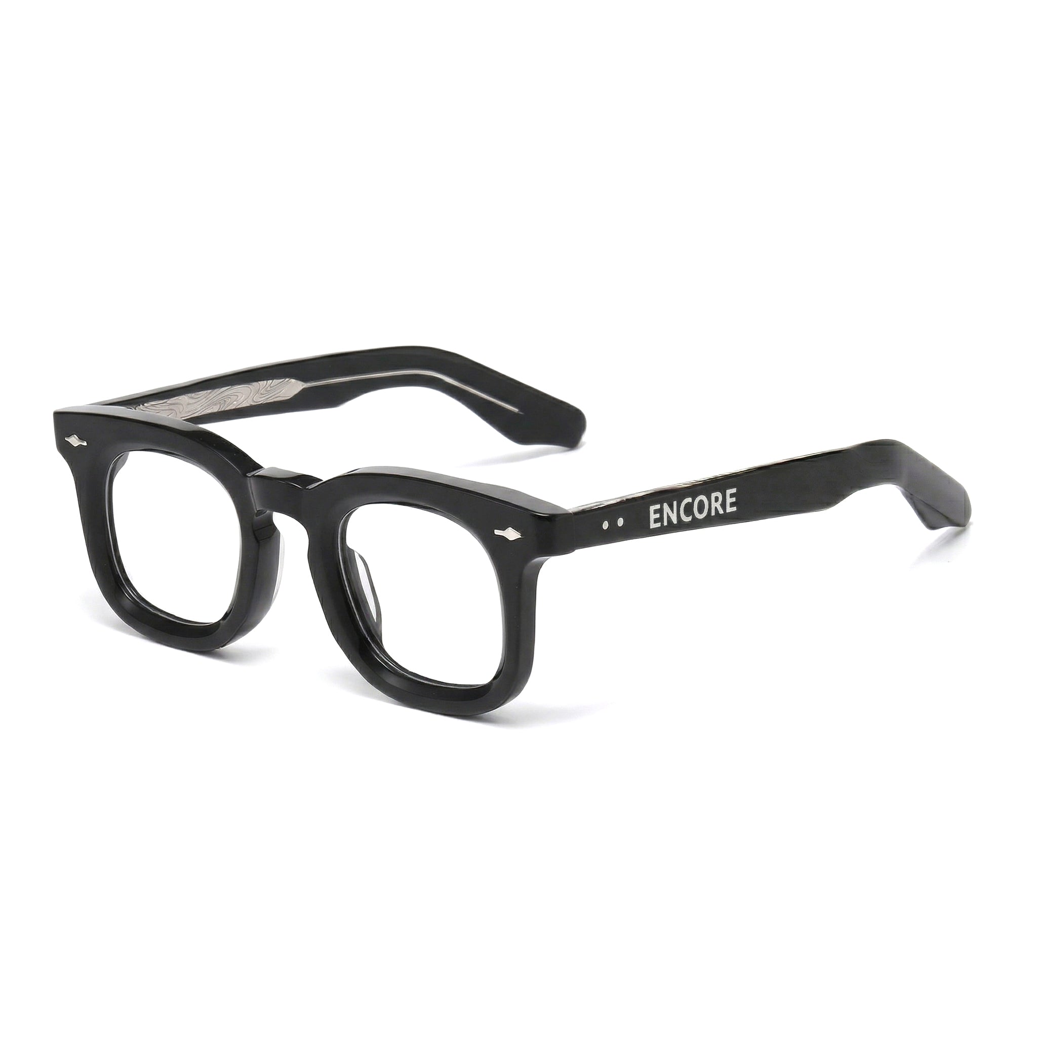 Encore Imperial glasses closeup 45-degree view in black silver frames