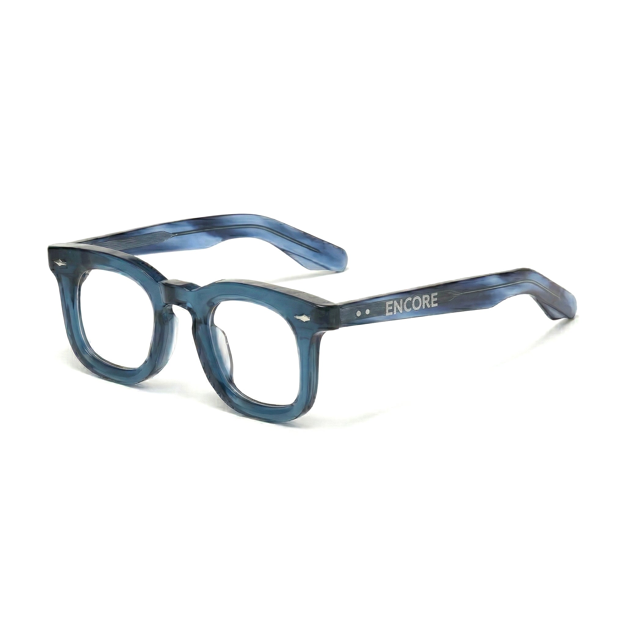 Encore Imperial glasses closeup 45-degree view in blue silver frames