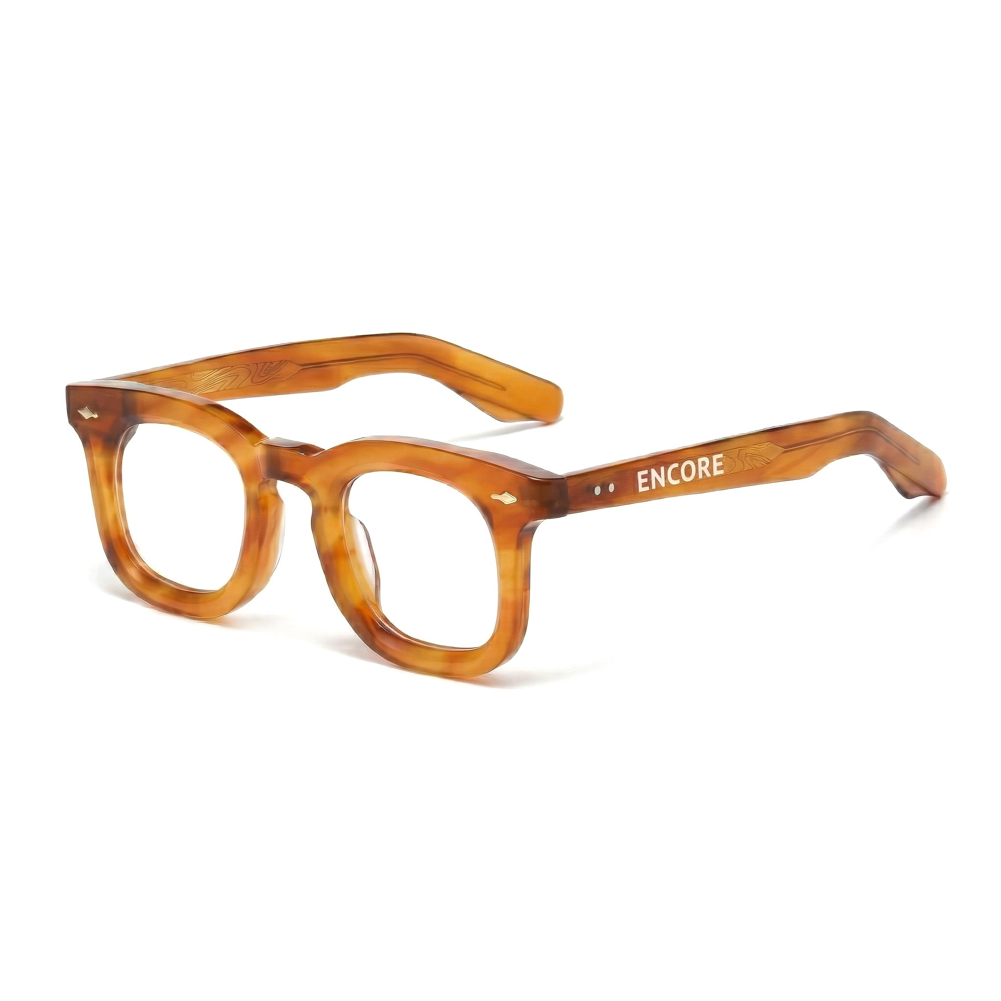 Encore Imperial glasses closeup 45-degree view in light brown golden frames