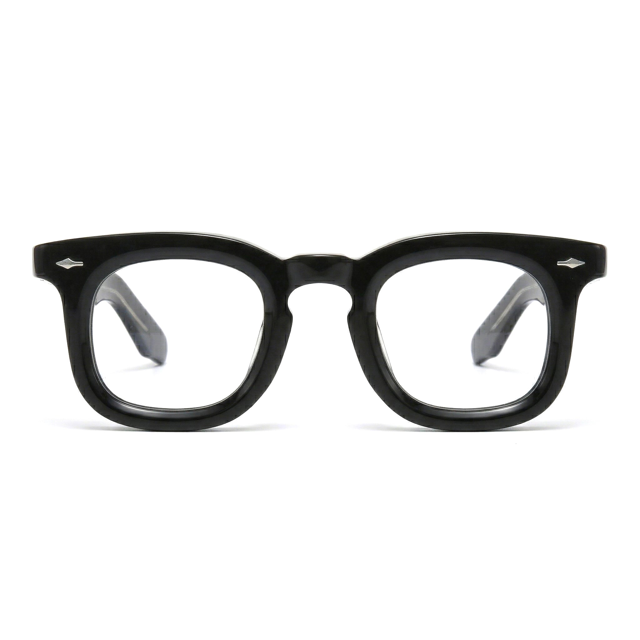Encore Imperial glasses closeup front view in black silver frames