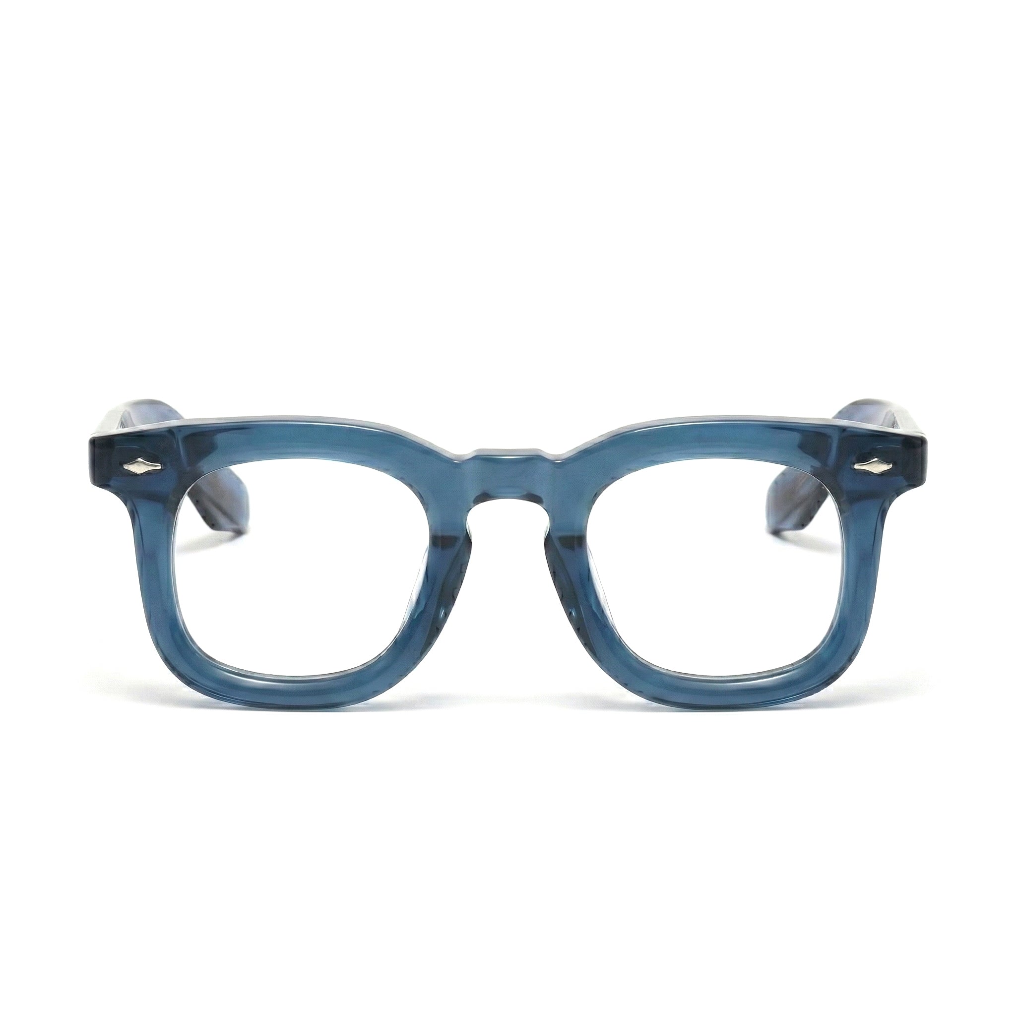 Encore Imperial glasses closeup front view in blue silver frames