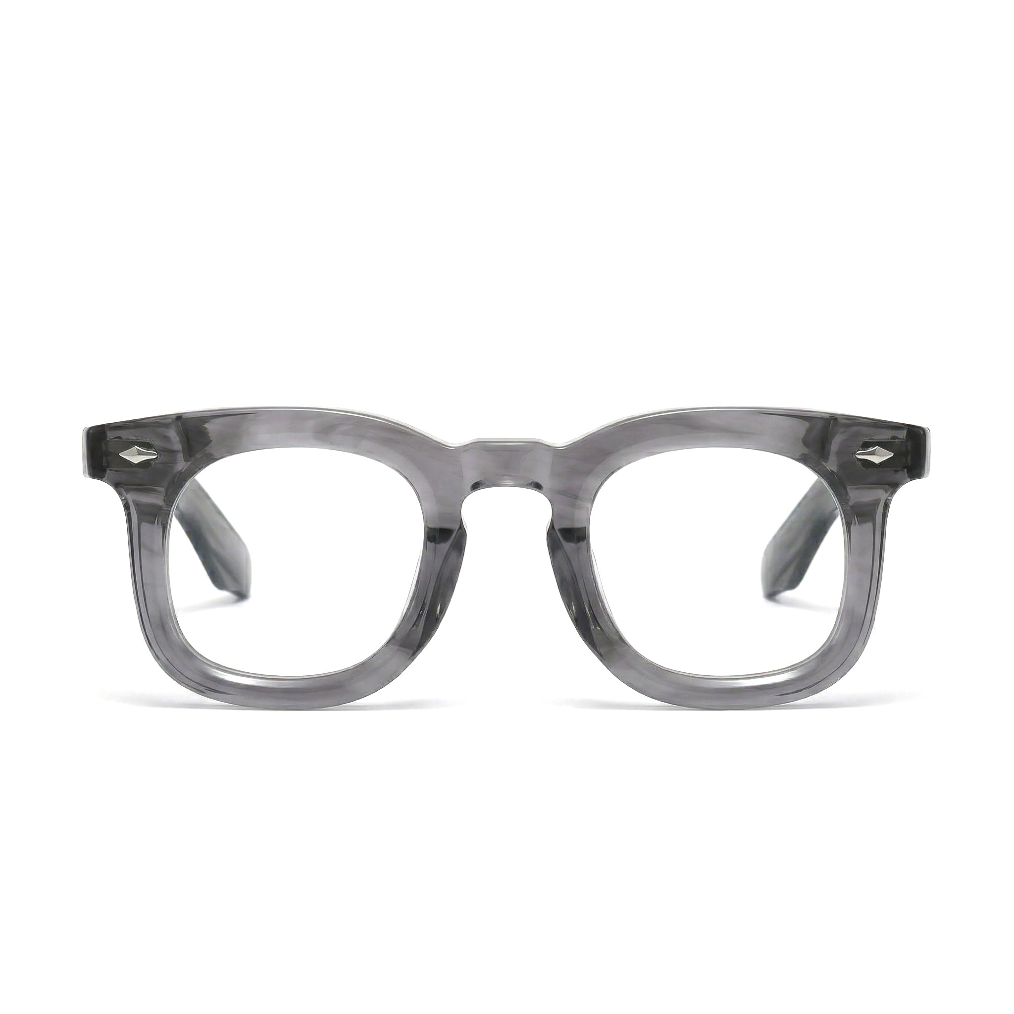 Encore Imperial glasses closeup front view in gray silver frames