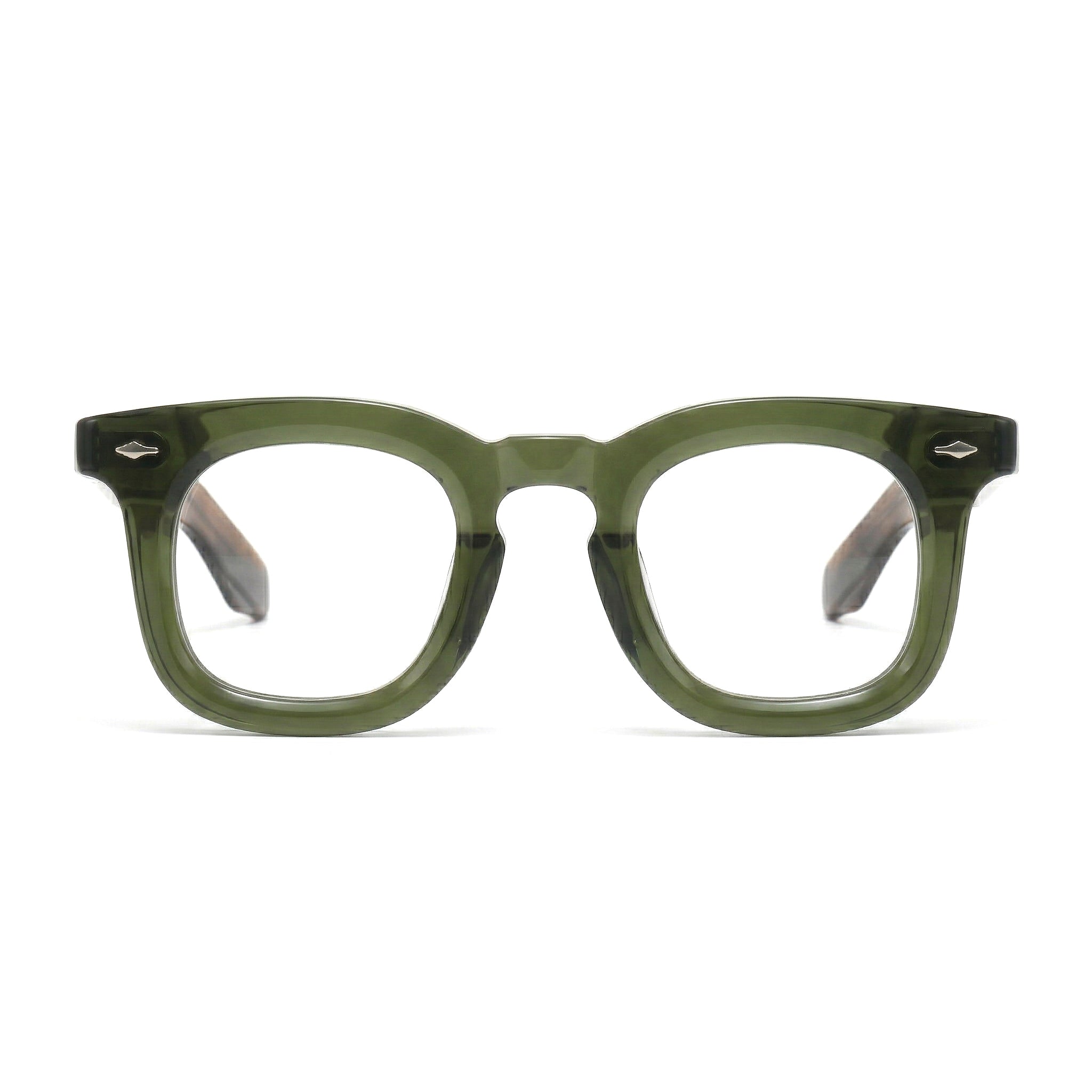 Encore Imperial glasses closeup front view in olive green silver frames
