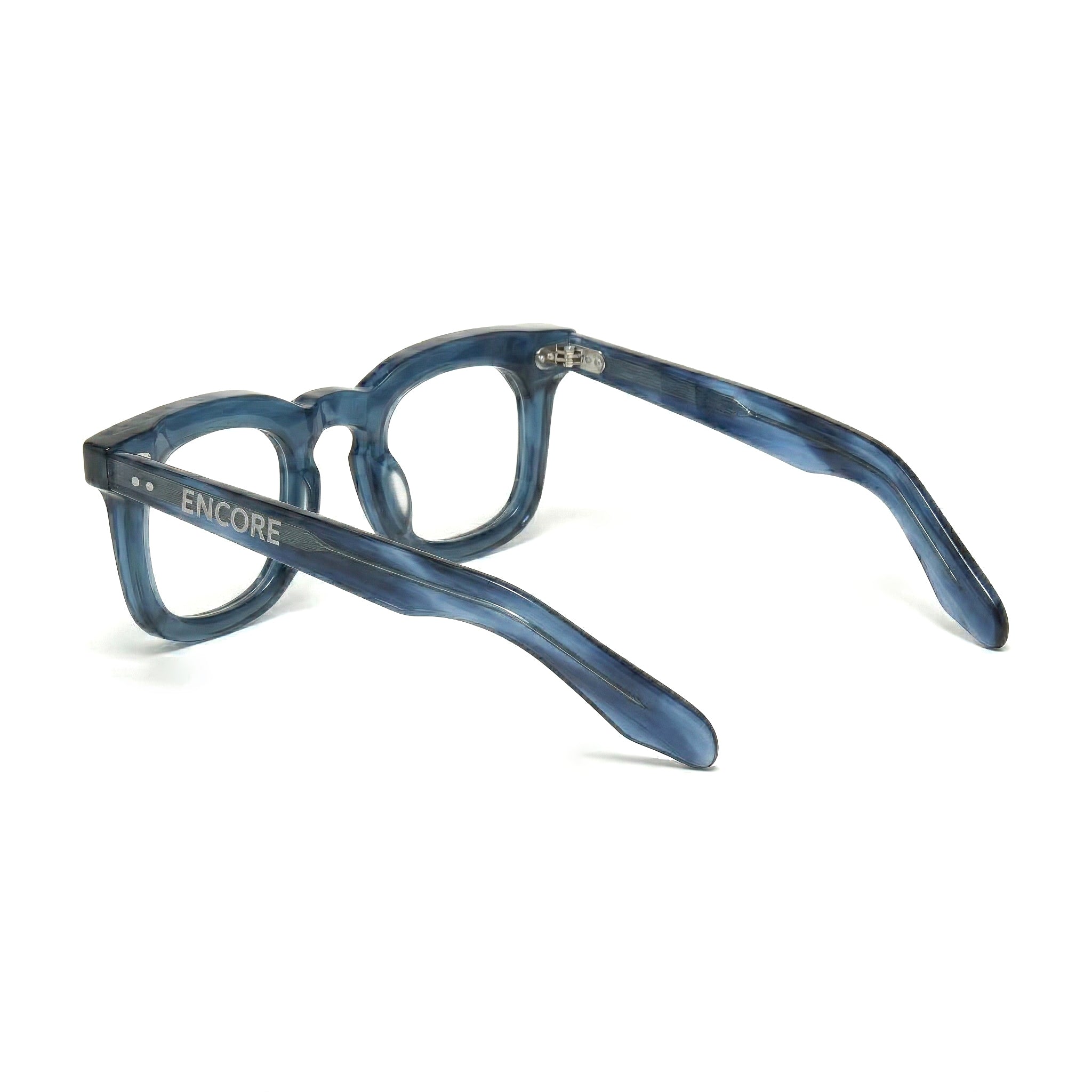 Encore Imperial glasses closeup side view in blue silver frames