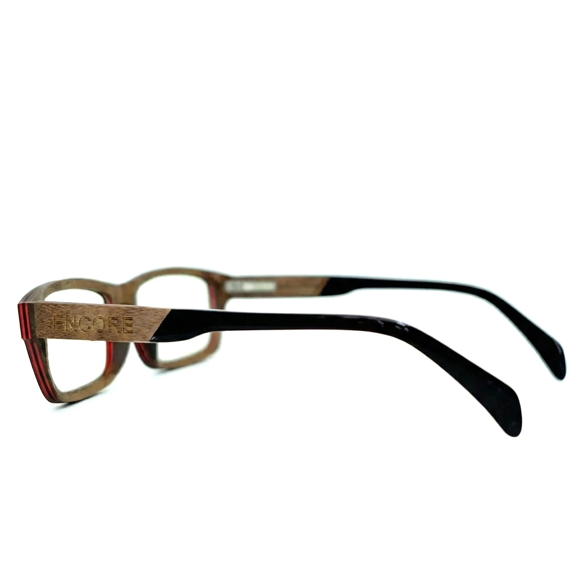 Encore Legacy glasses closeup side view in black walnut wood frames