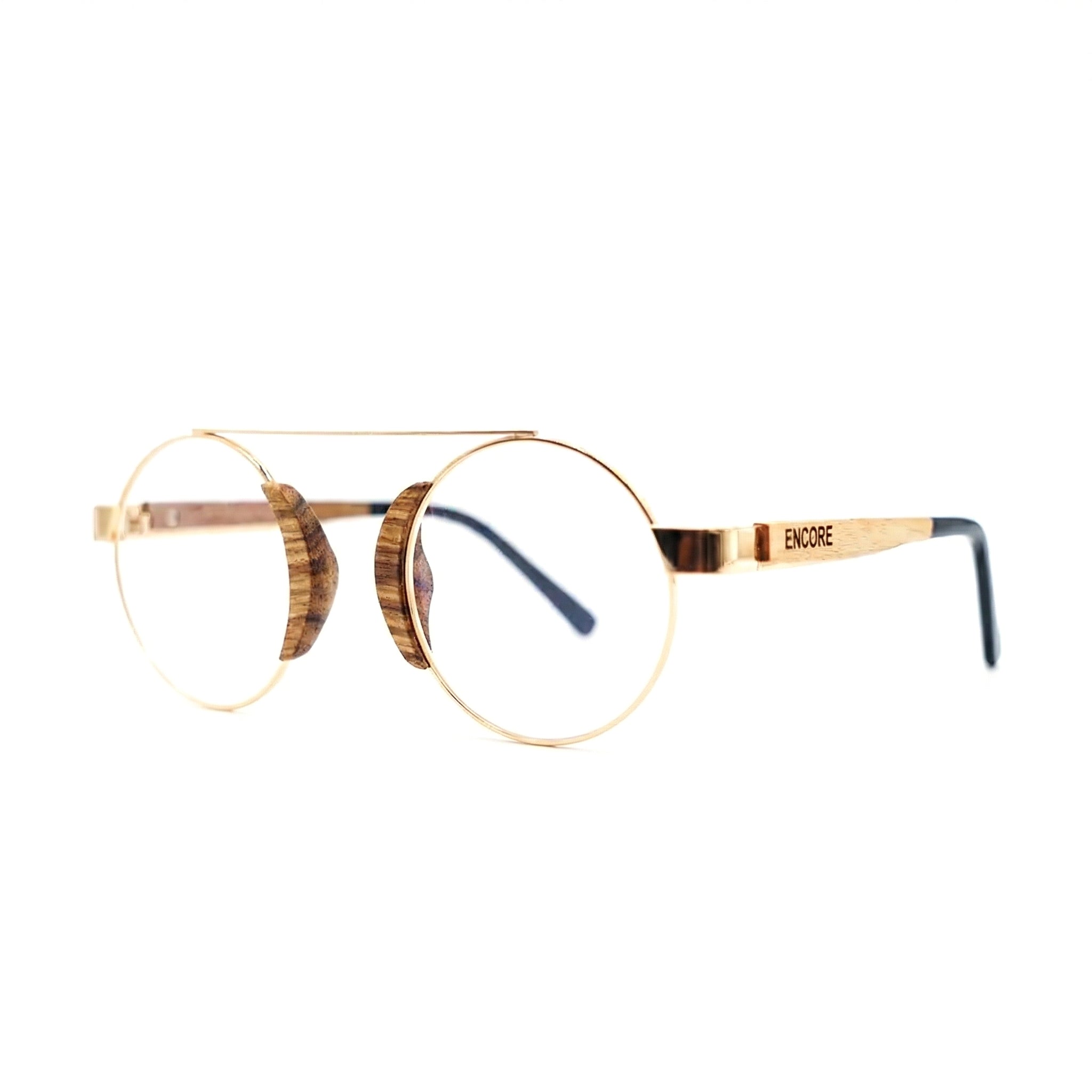 Encore Lumière glasses closeup 45-degree view in zebrawood frames