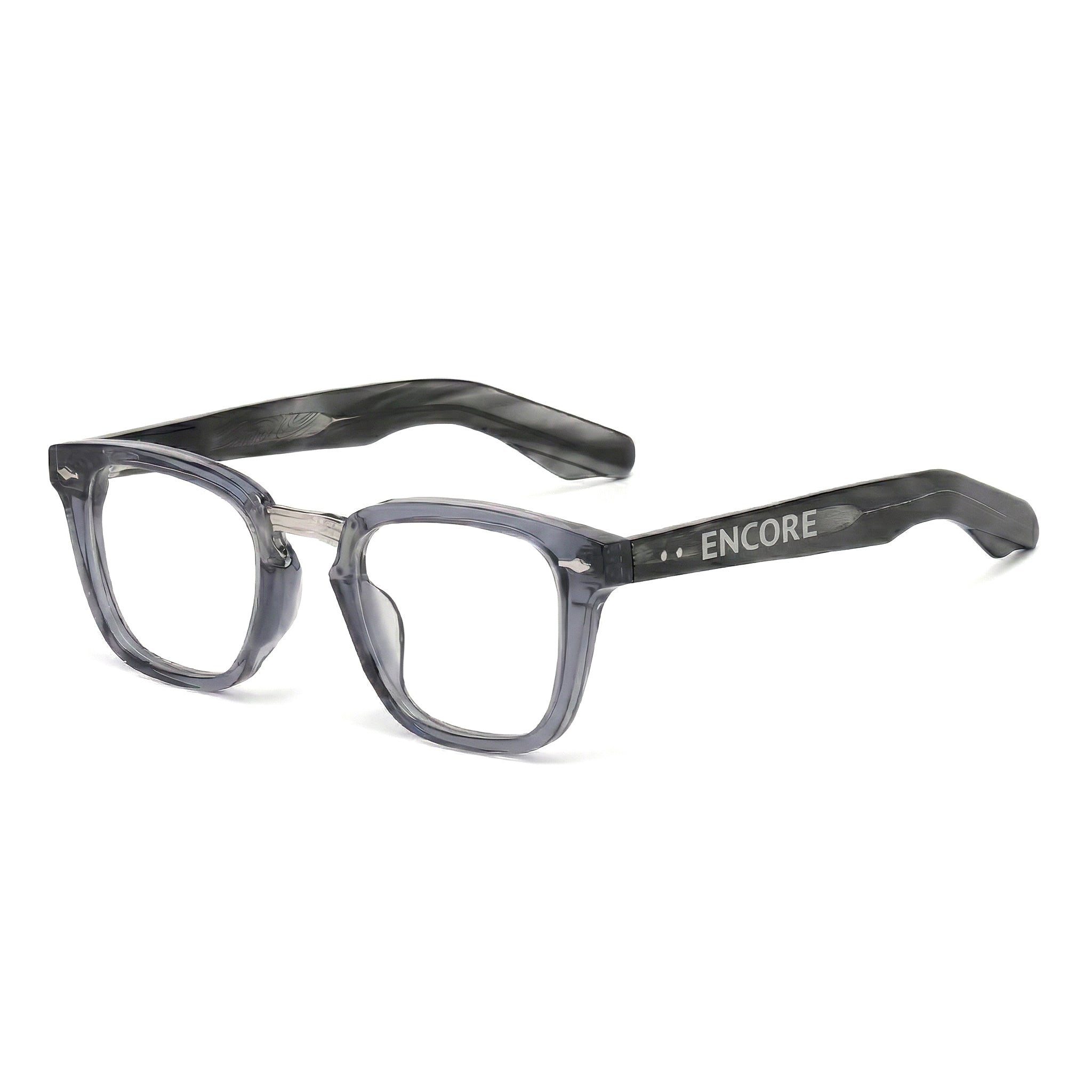 Encore Majestic glasses closeup 45-degree view in gray silver frames