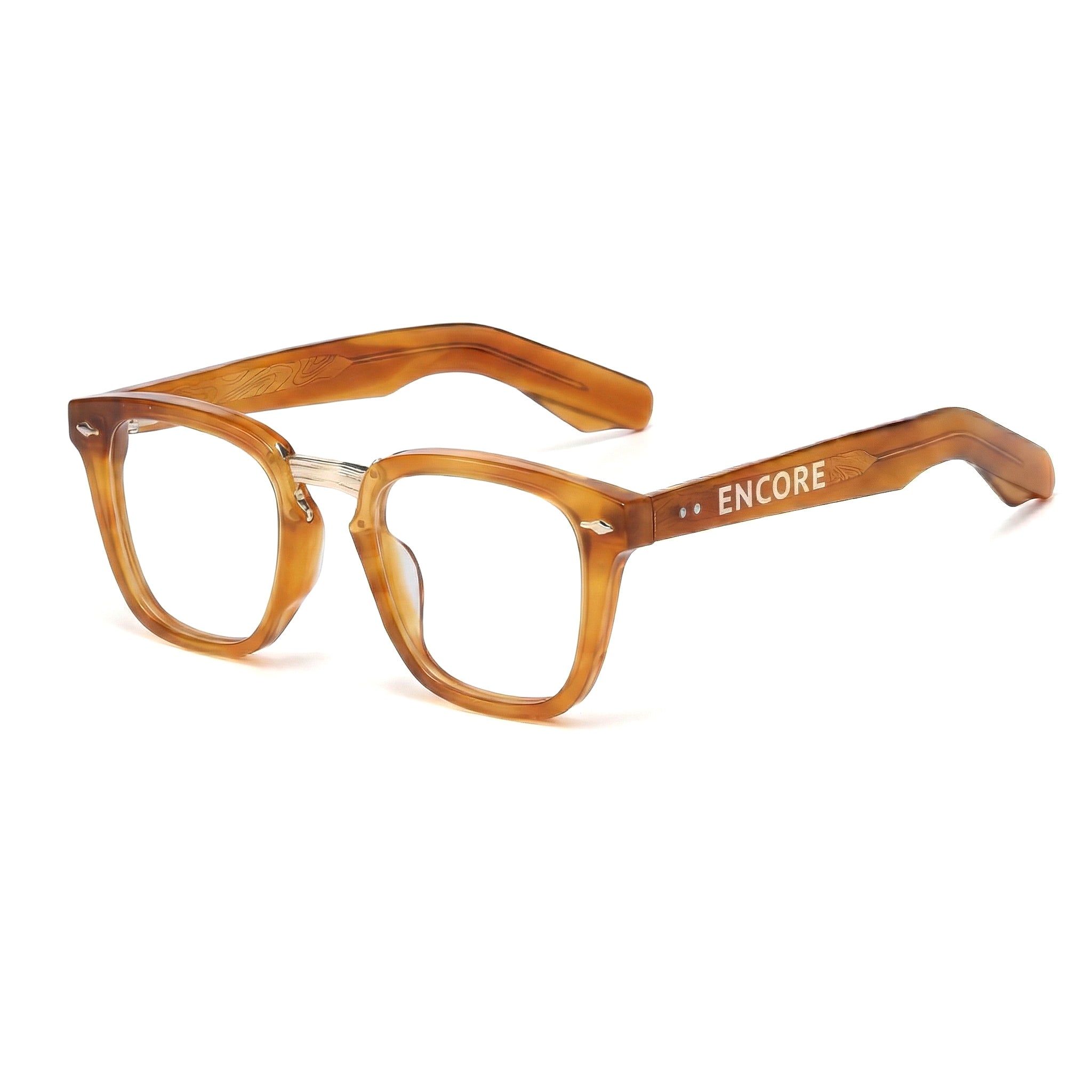 Encore Majestic glasses closeup 45-degree view in light brown golden frames