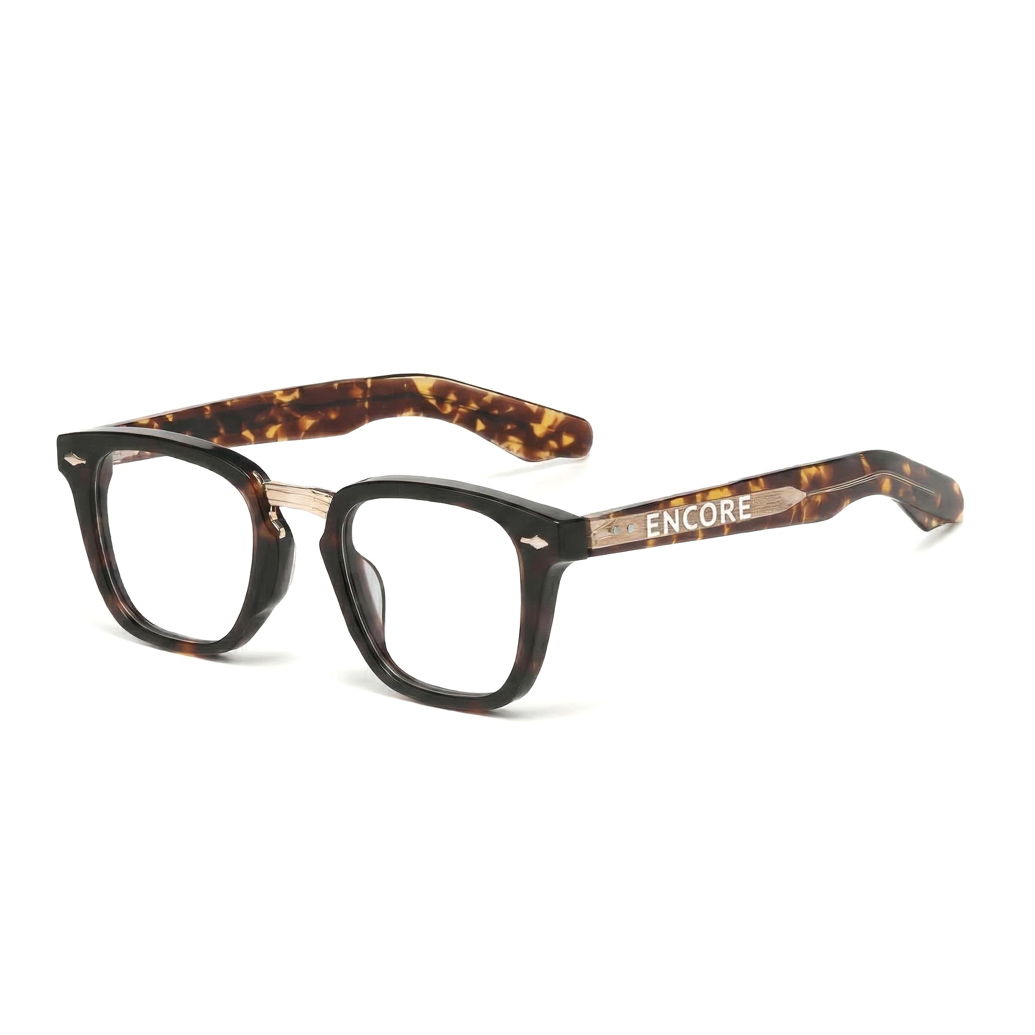 Encore Majestic glasses closeup 45-degree view in tortoiseshell golden frames