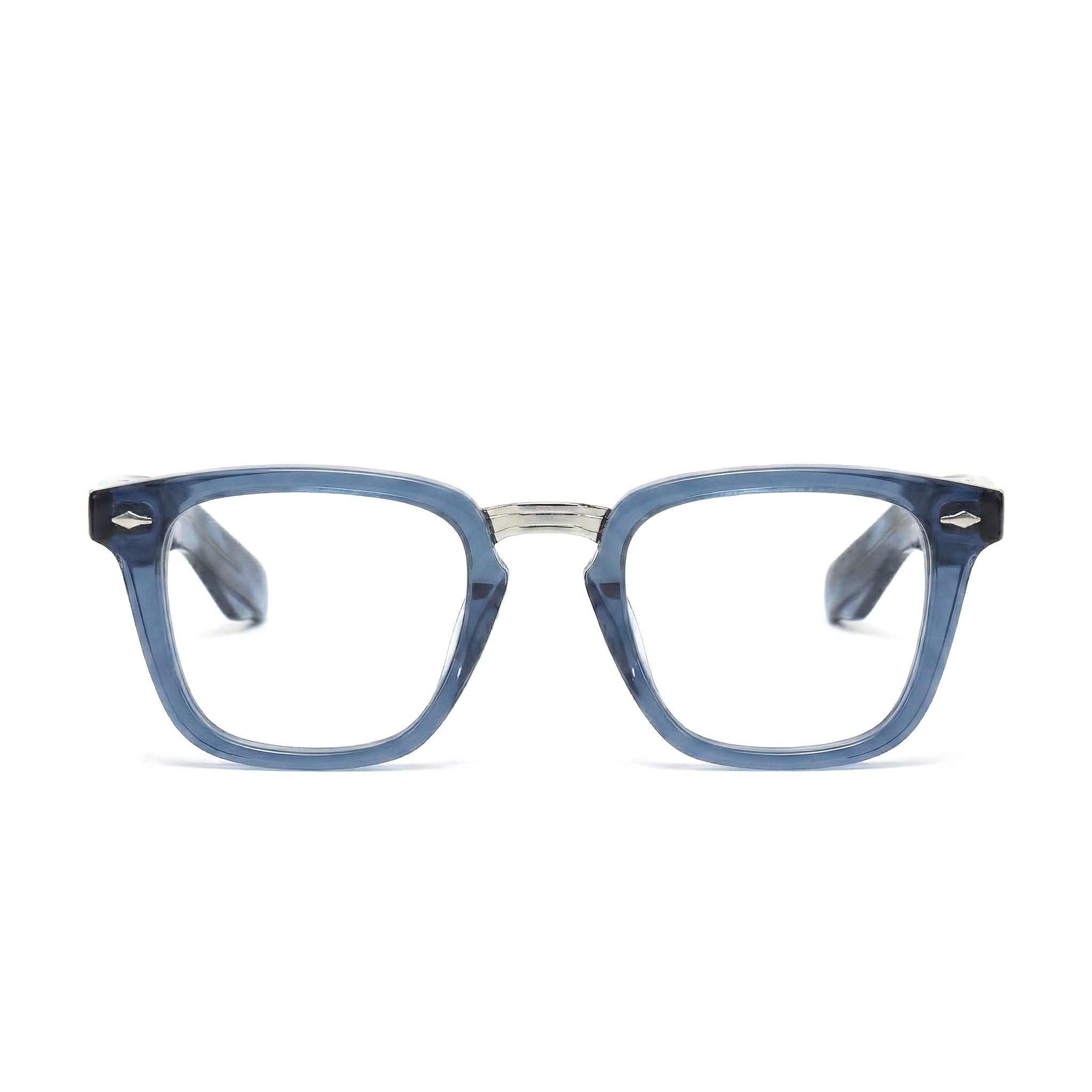 Encore Majestic glasses closeup front view in blue silver frames