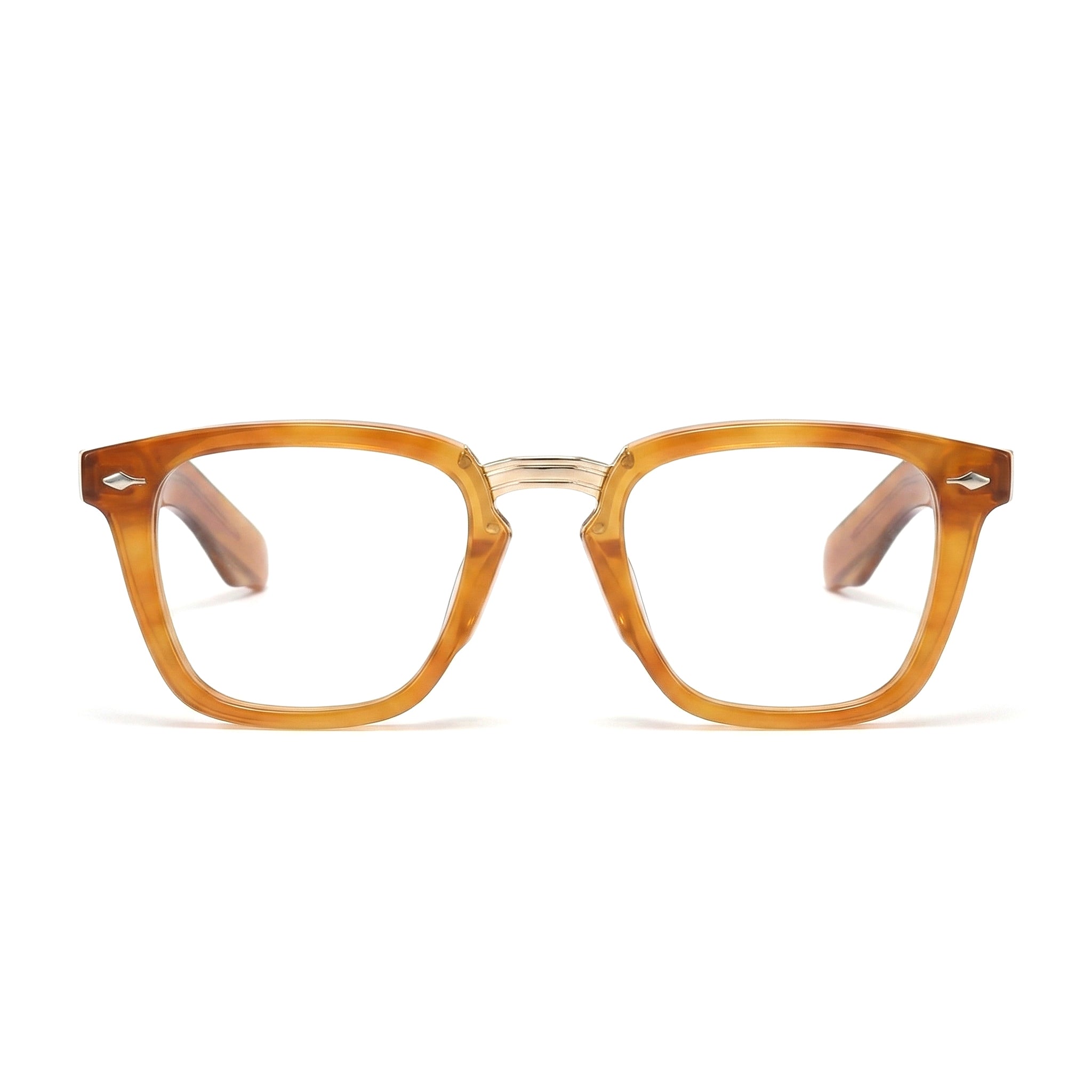 Encore Majestic glasses closeup front view in light brown golden frames