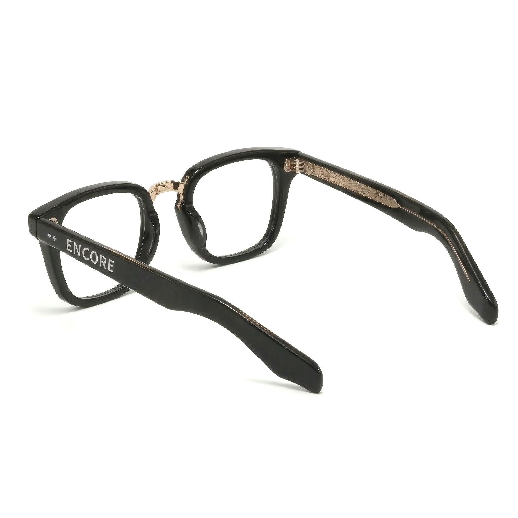 Encore Majestic glasses closeup side view in black golden frames