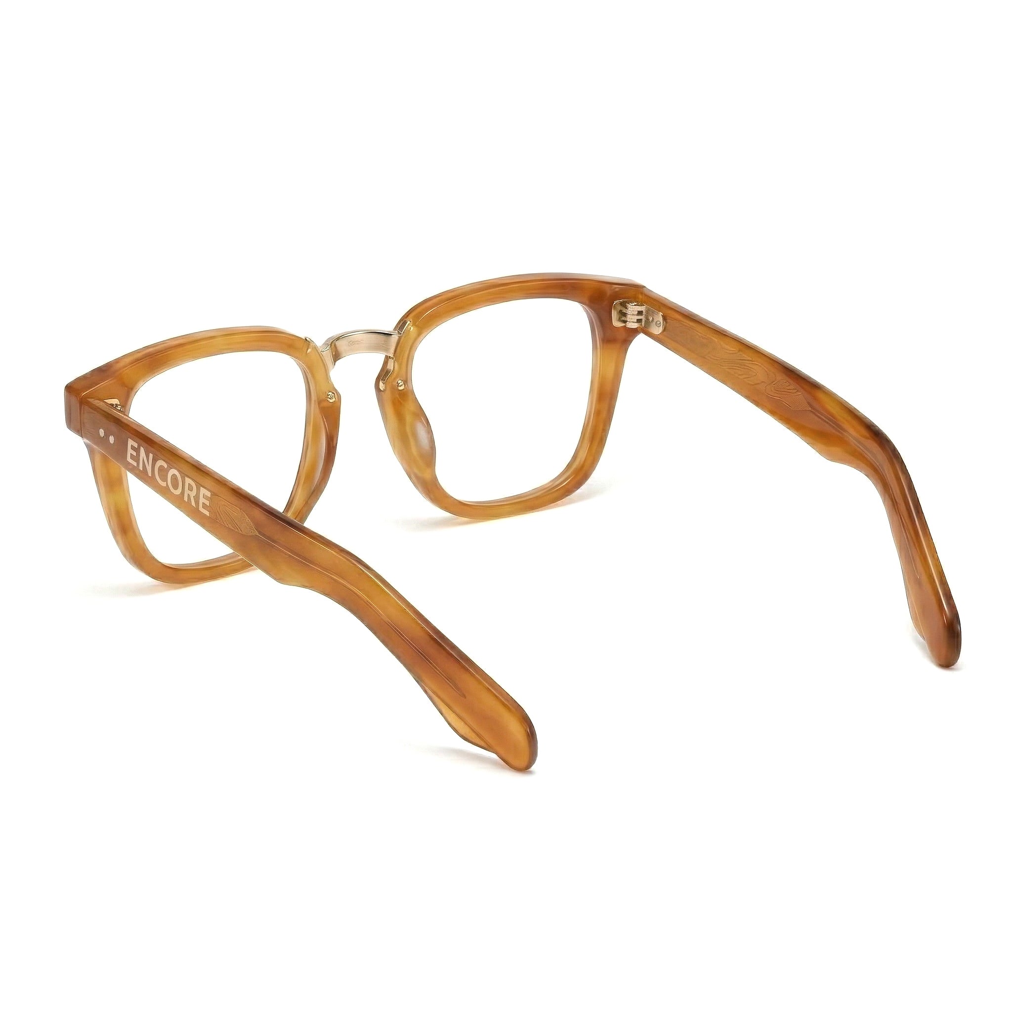 Encore Majestic glasses closeup side view in light brown golden frames