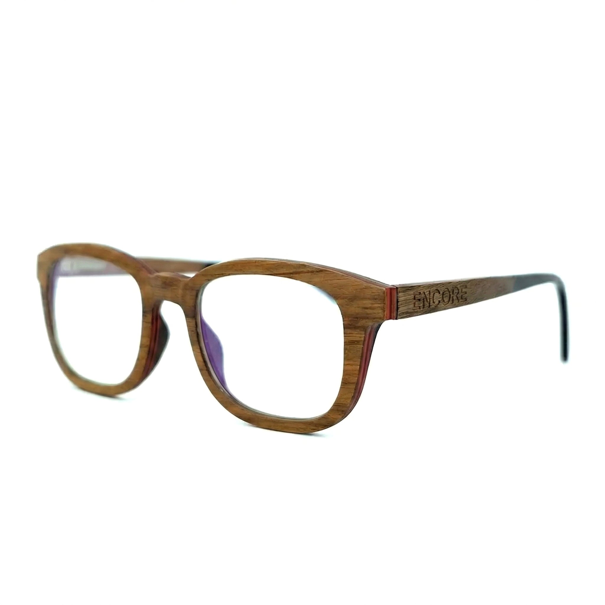 Encore Noble glasses closeup 45-degree view in black walnut wood frames