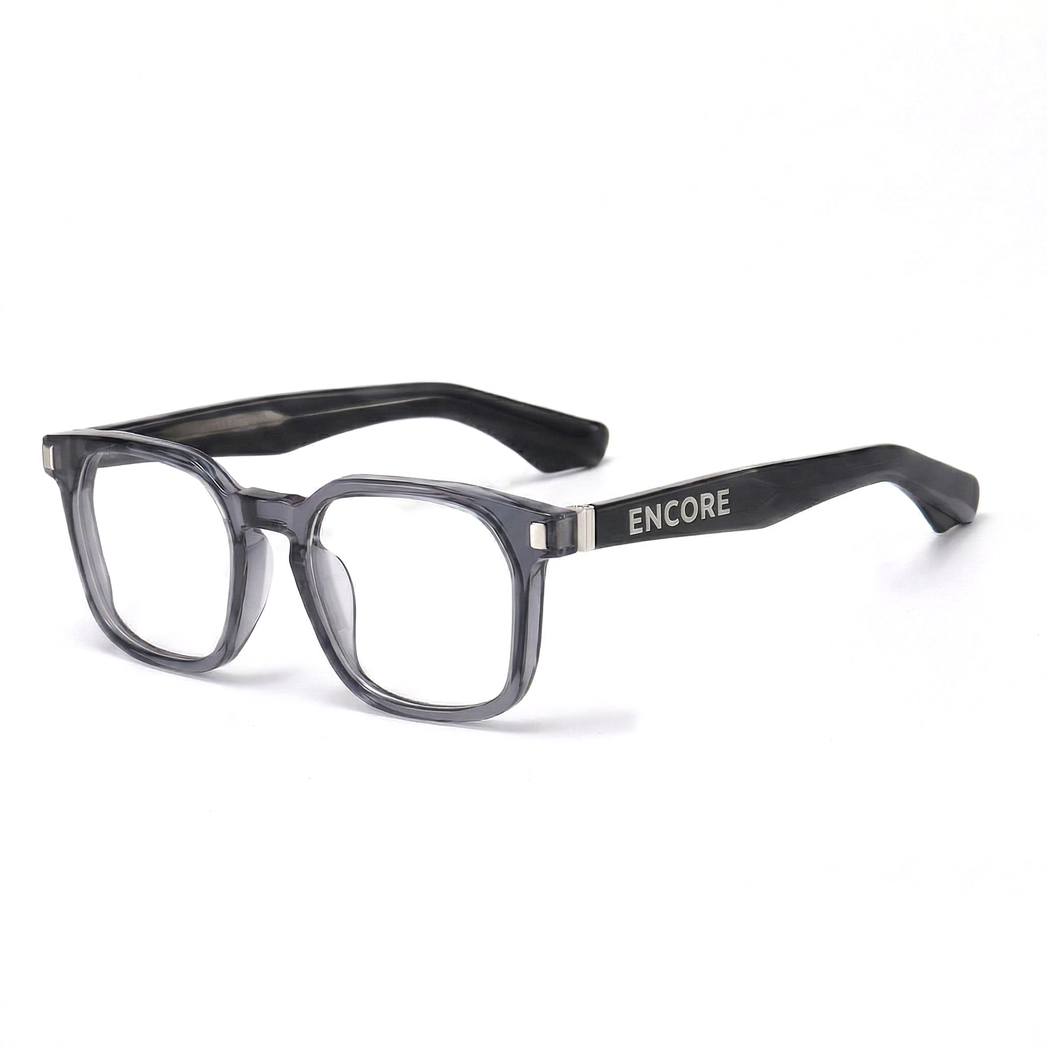 Encore Prestige glasses closeup 45-degree view in gray silver frames