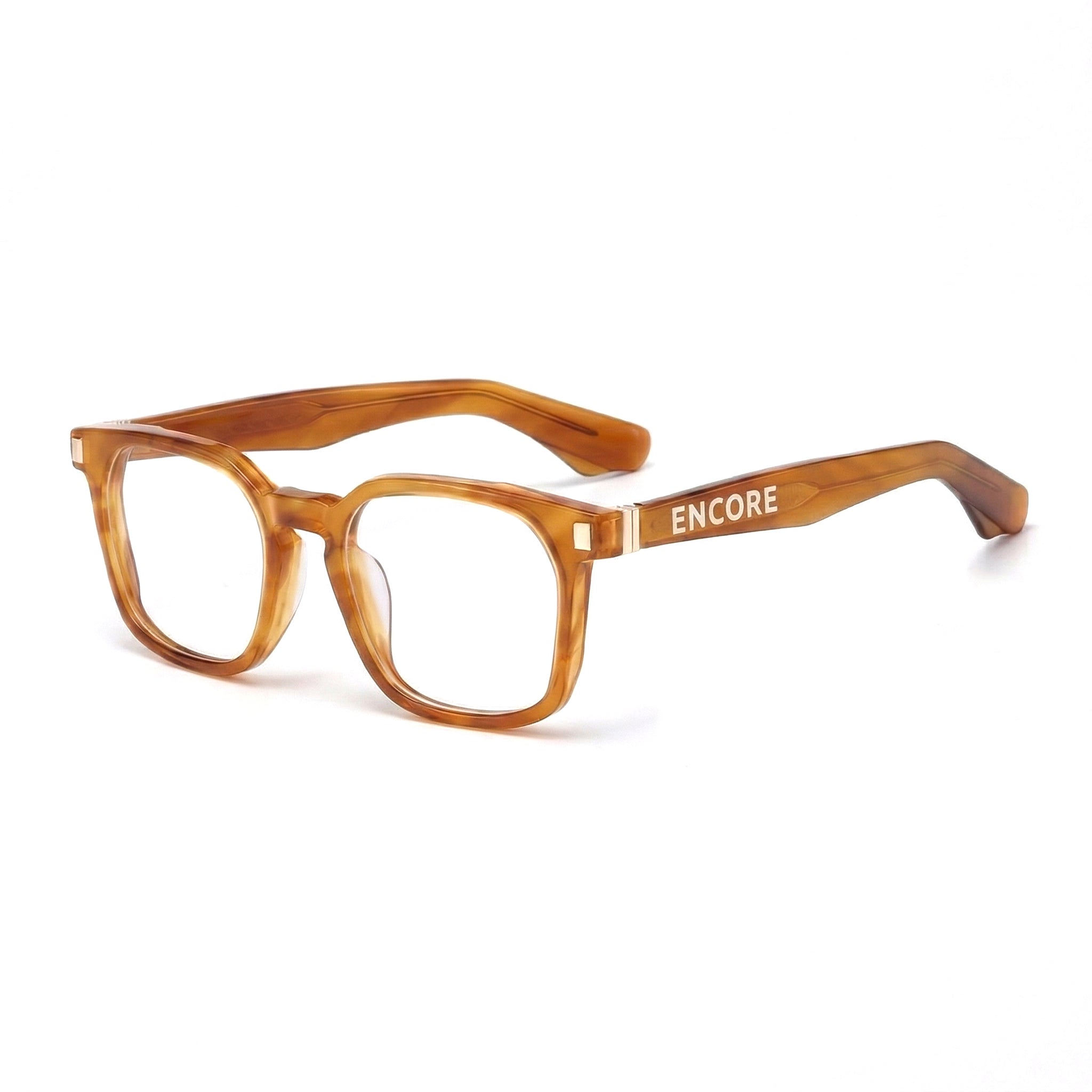 Encore Prestige glasses closeup 45-degree view in light brown gold frames