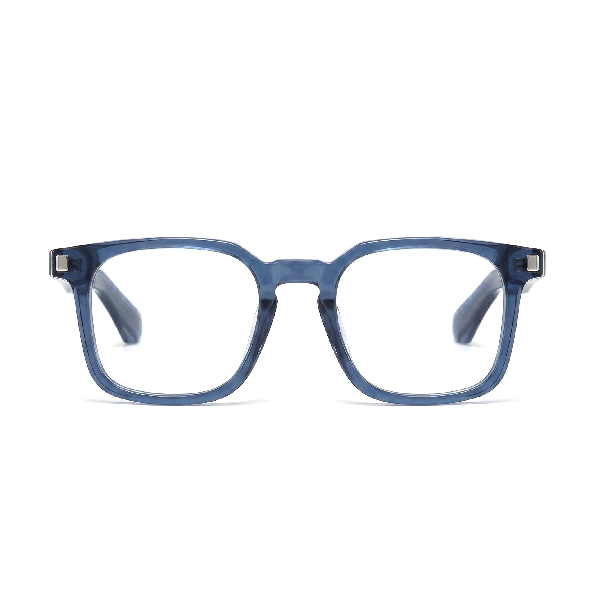 Encore Prestige glasses closeup front view in blue silver frames