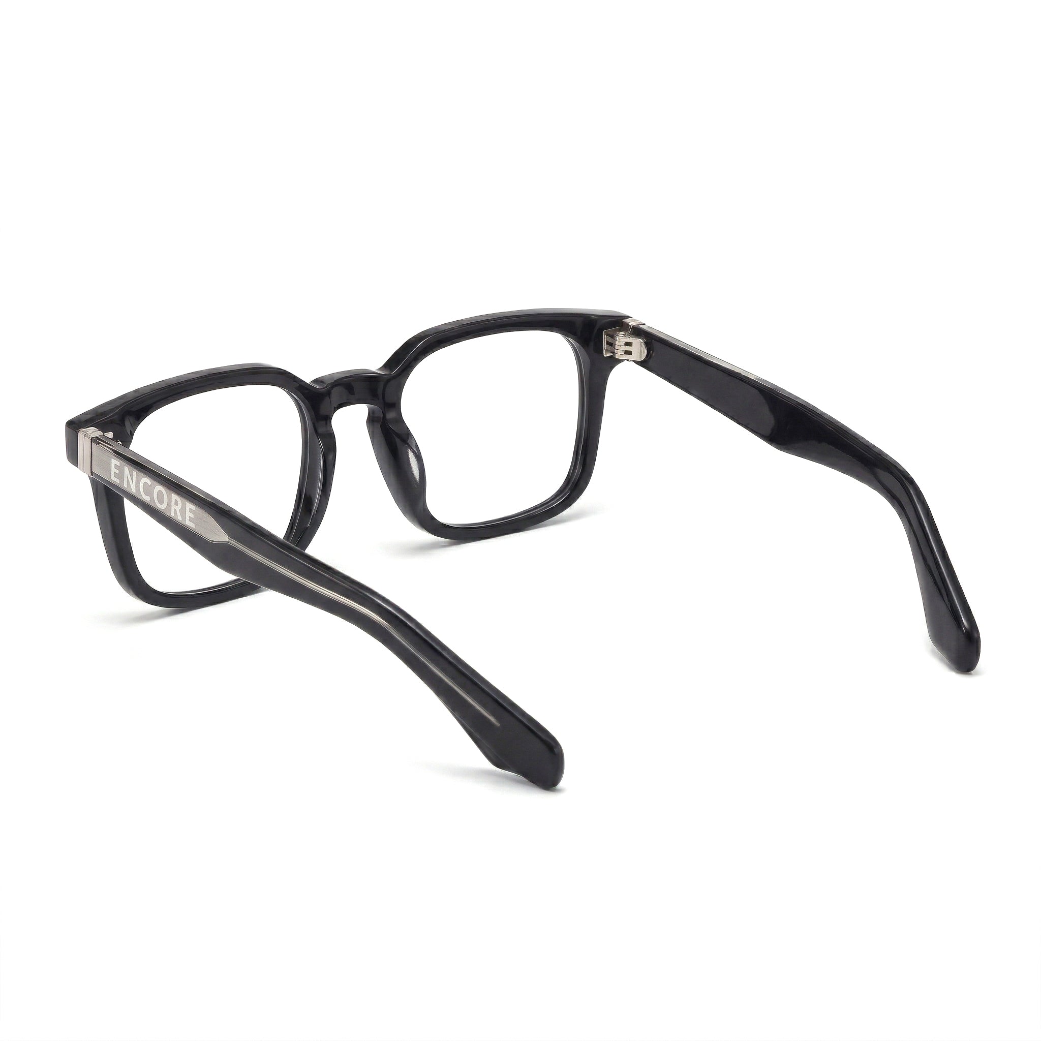 Encore Prestige glasses closeup side view in black silver frames