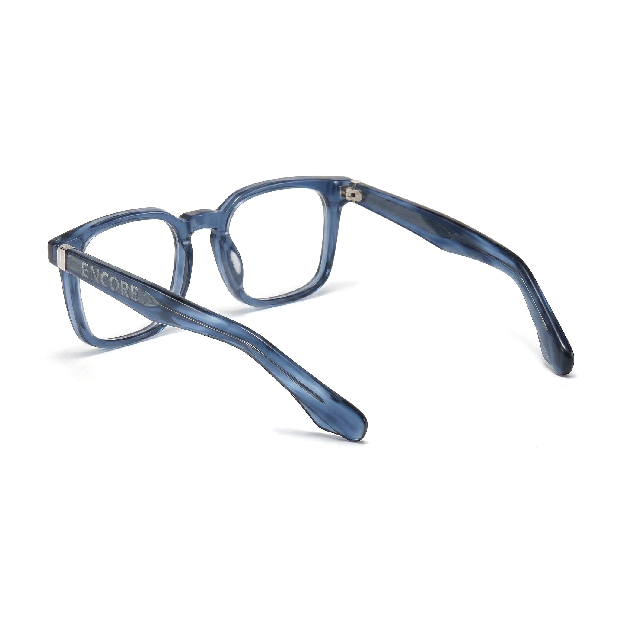 Encore Prestige glasses closeup side view in blue silver frames