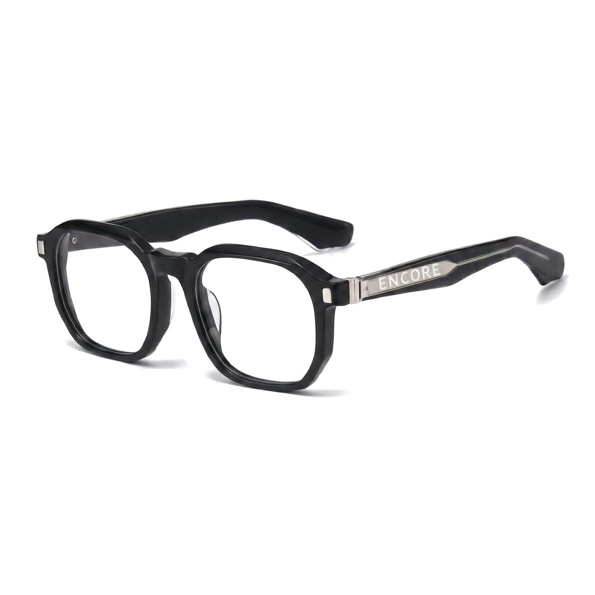 Encore Splendor glasses closeup 45-degree view in black silver frames
