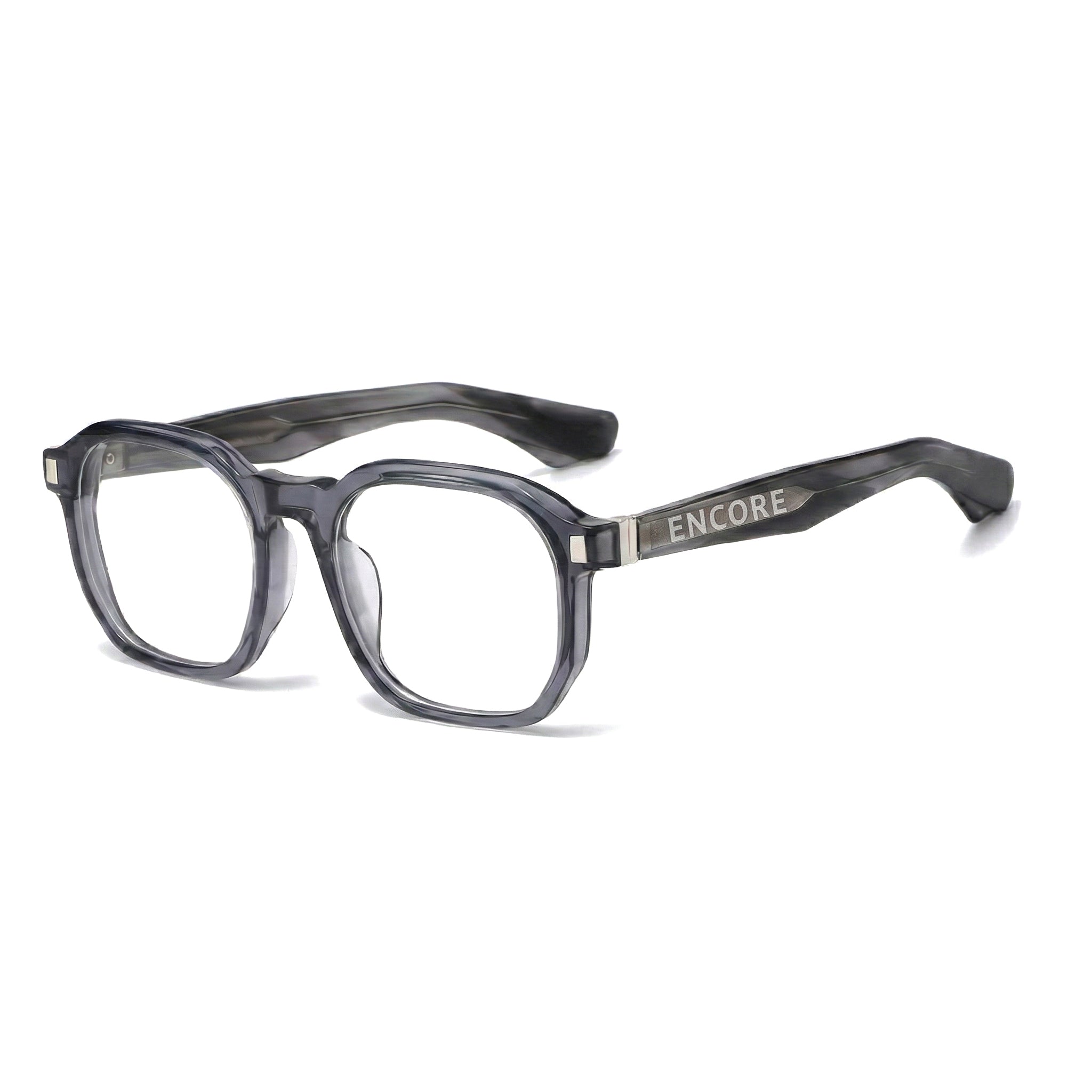 Encore Splendor glasses closeup 45-degree view in gray silver frames