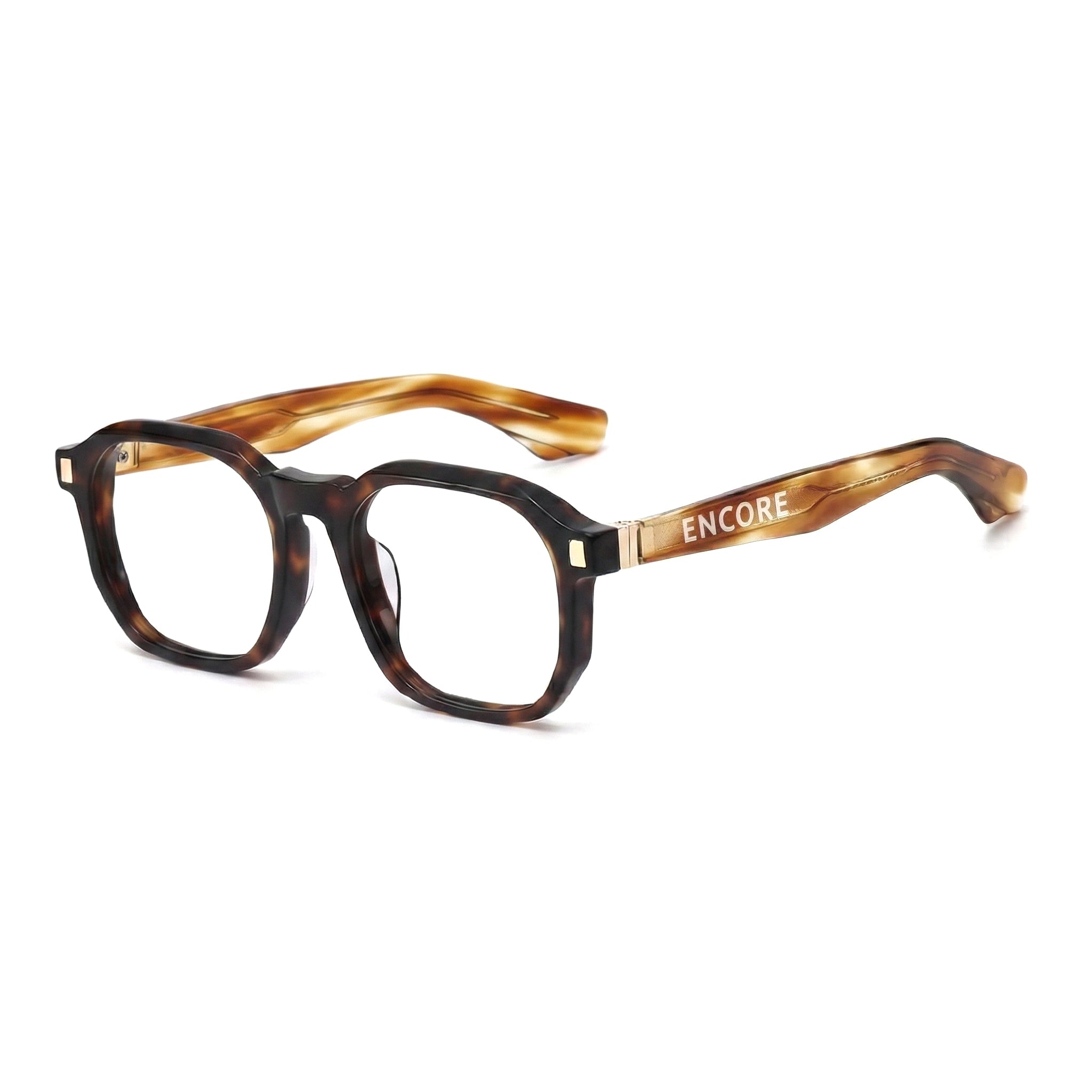 Encore Splendor glasses closeup 45-degree view in hawksbill gold frames