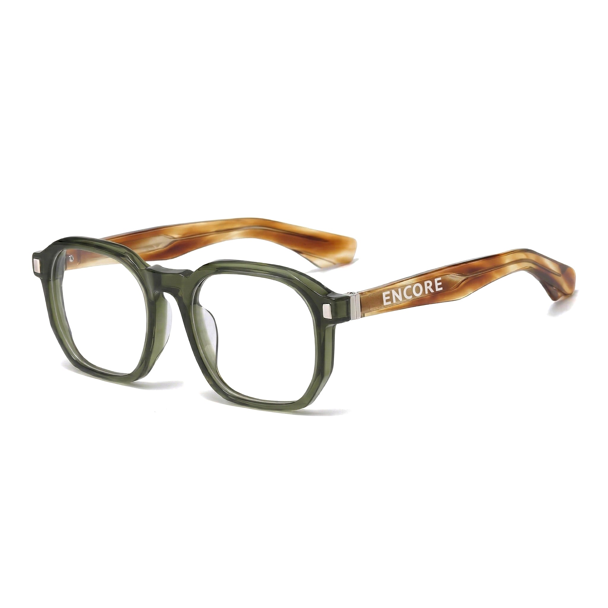 Encore Splendor glasses closeup 45-degree view in olive green silver frames
