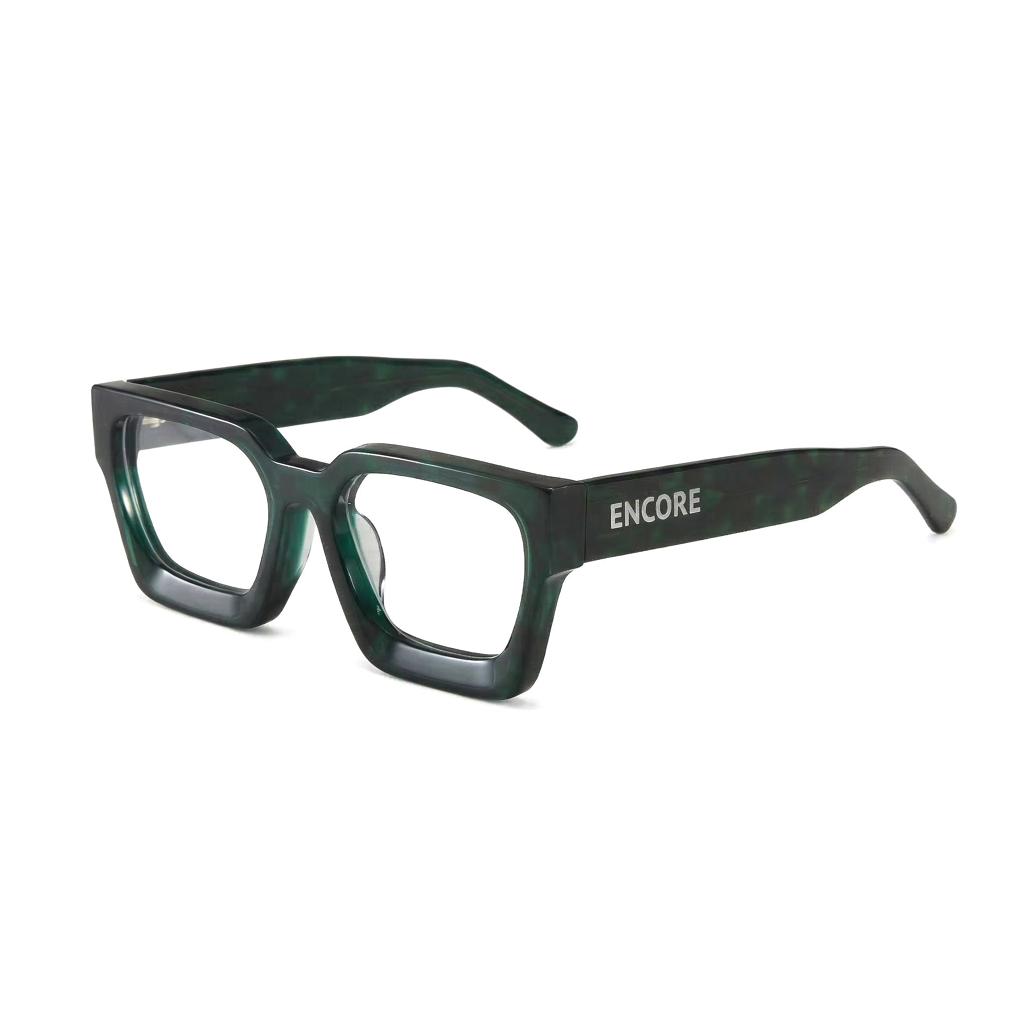 Encore Supreme glasses closeup 45-degree view in green frames