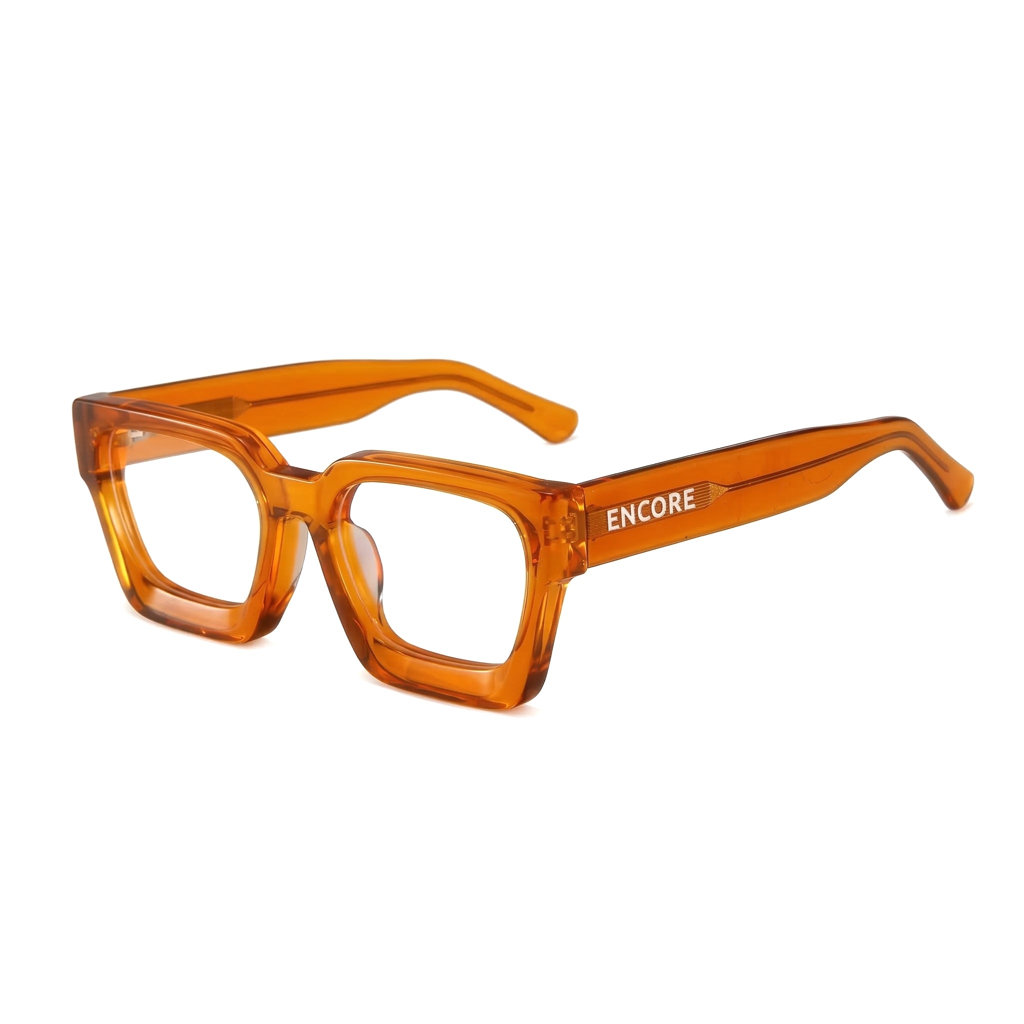 Encore Supreme glasses closeup 45-degree view in orange frames