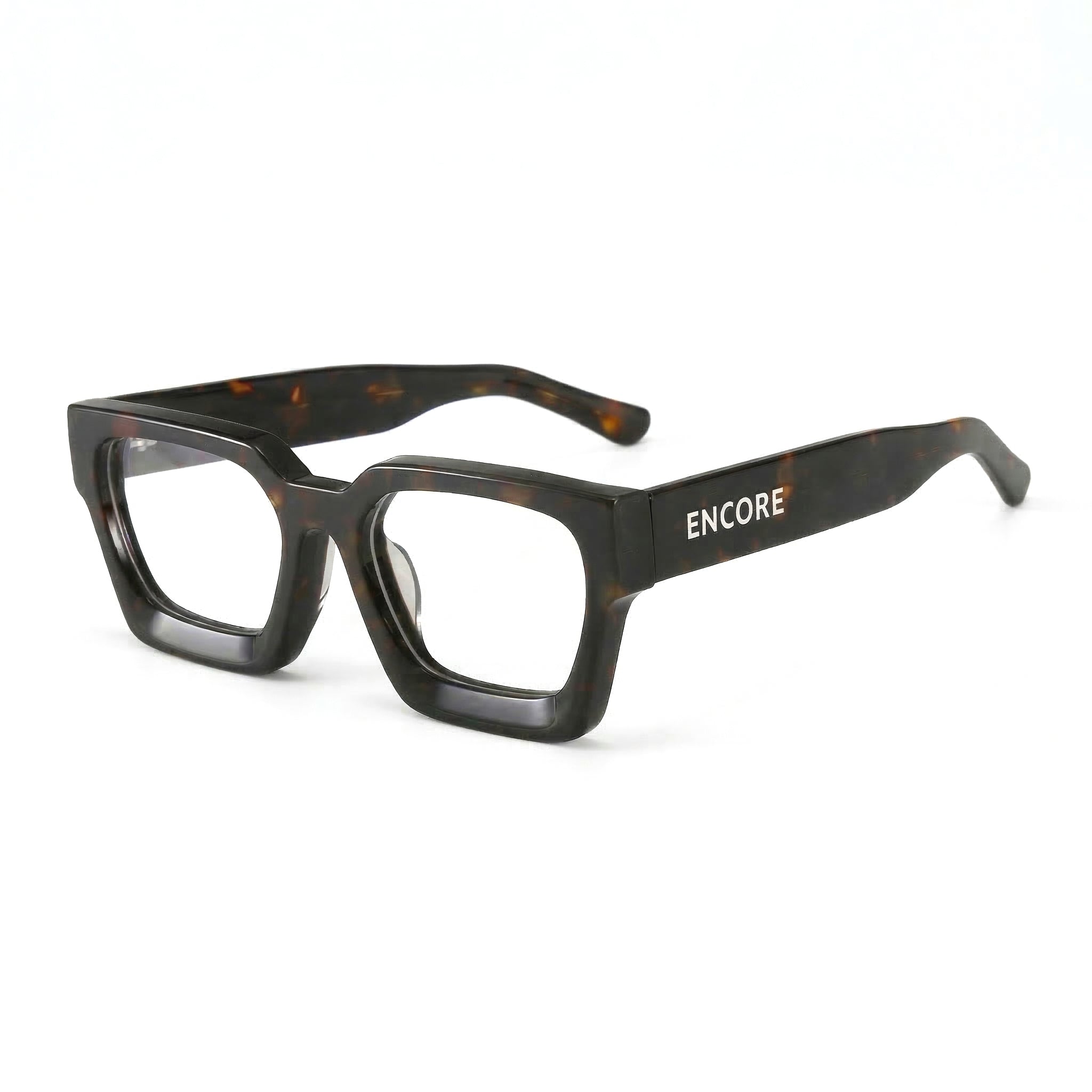 Encore Supreme glasses closeup 45-degree view in tortie frames