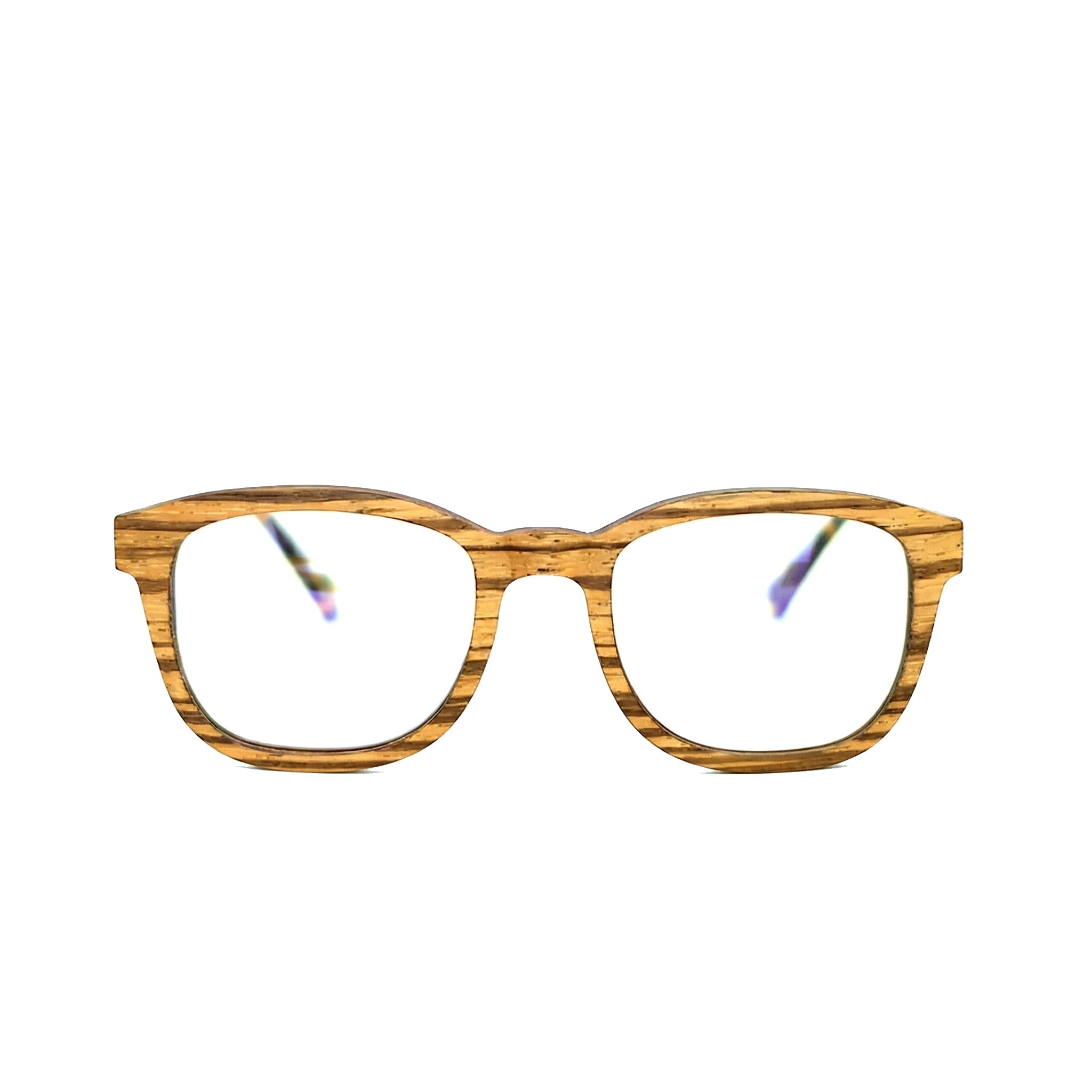 Encore Timeless glasses closeup front view in zebrawood frames