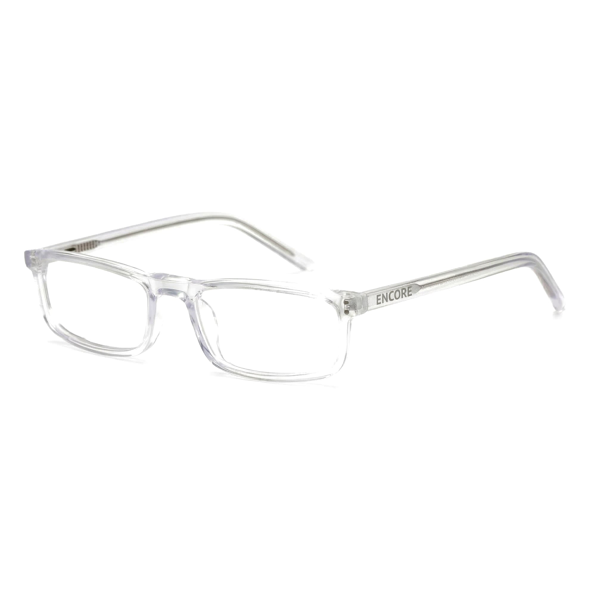 Encore Zenith glasses closeup 45-degree view in transparent frames