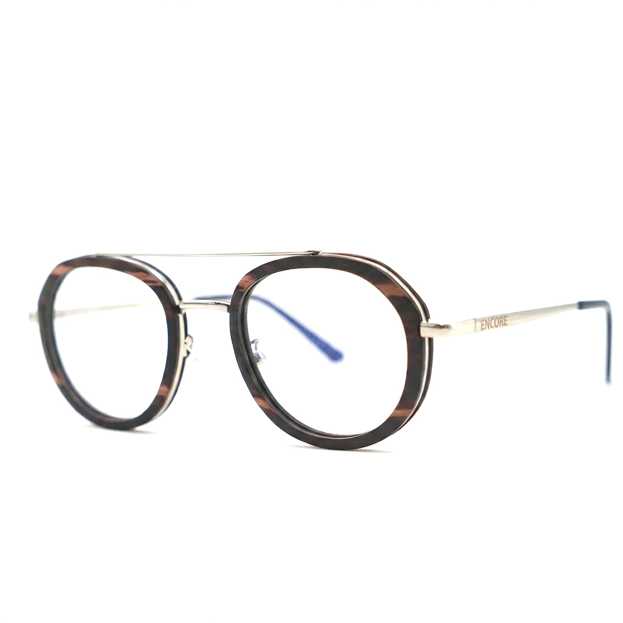 Encore Brilliance glasses closeup 45-degree view in ebony wood frames