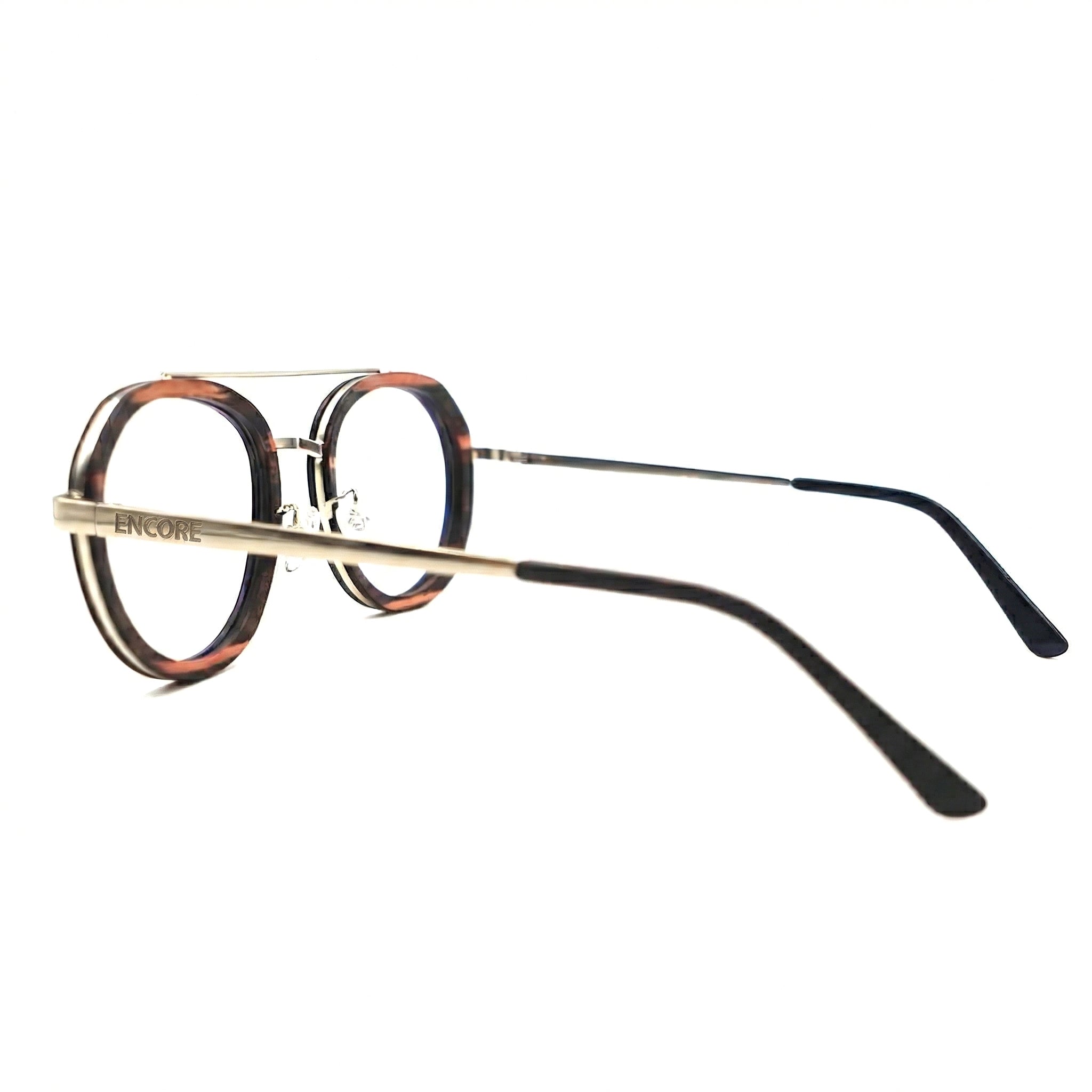 Encore Brilliance glasses closeup side view in ebony wood frames