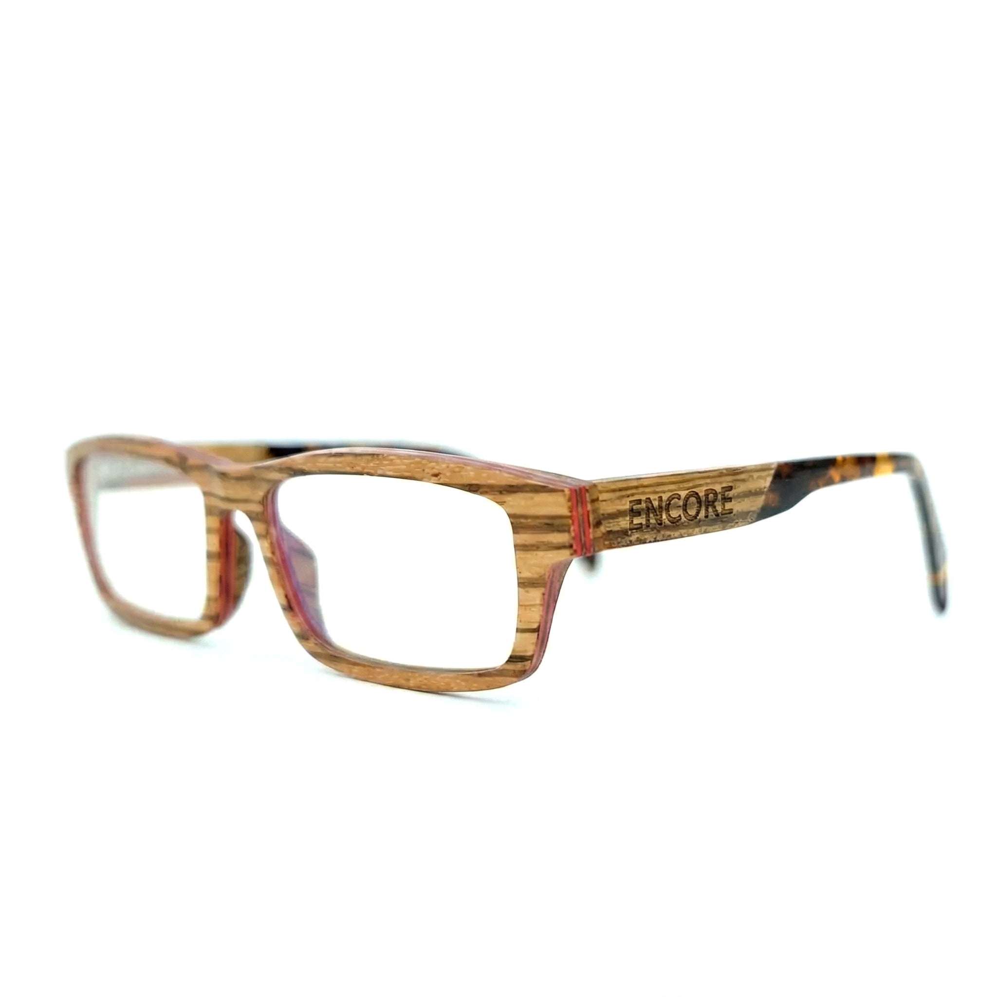 Encore Eternal glasses closeup 45-degree view in zebrawood frames