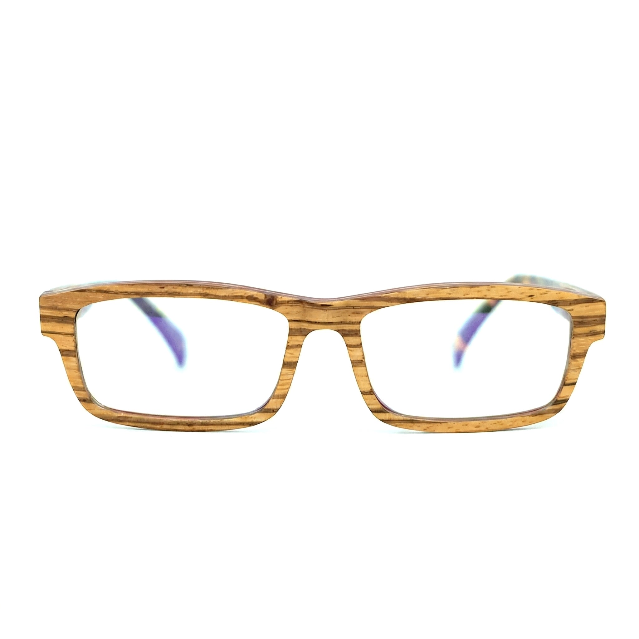 Encore Eternal glasses closeup front view in zebrawood frames
