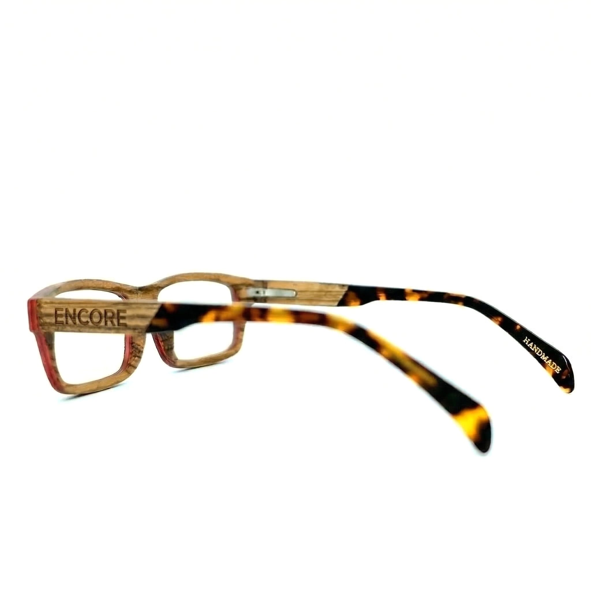 Encore Eternal glasses closeup side view in zebrawood frames