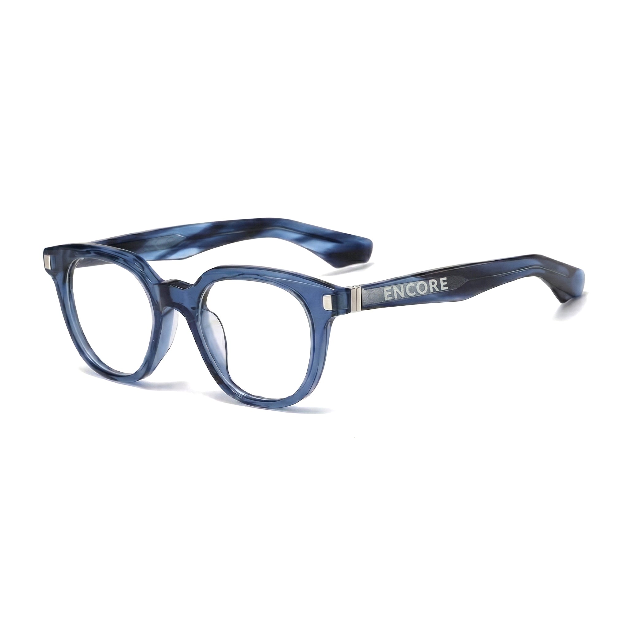 Encore Finesse glasses closeup 45-degree view in blue silver frames