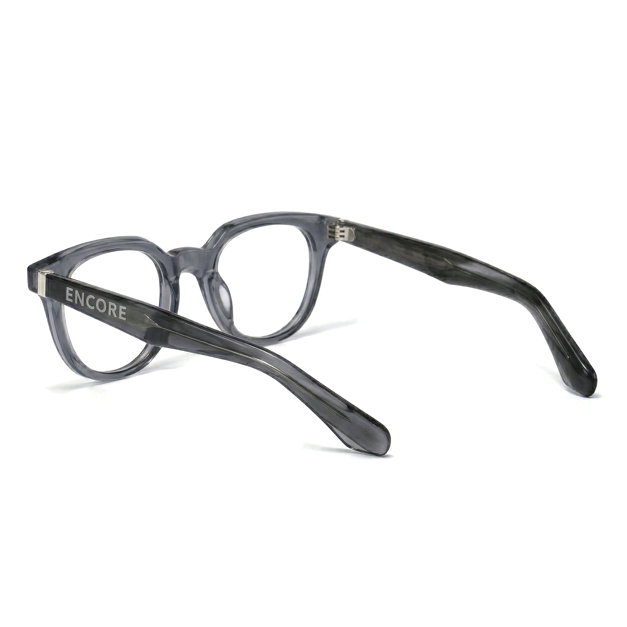 Encore Finesse glasses closeup side view in gray silver frames