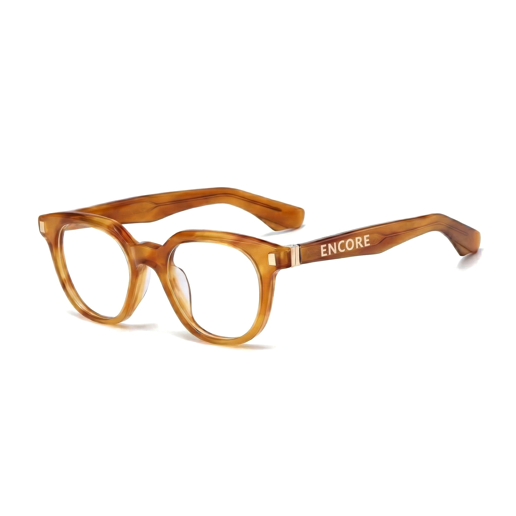 Encore Finesse glasses closeup 45-degree view in light brown gold frames