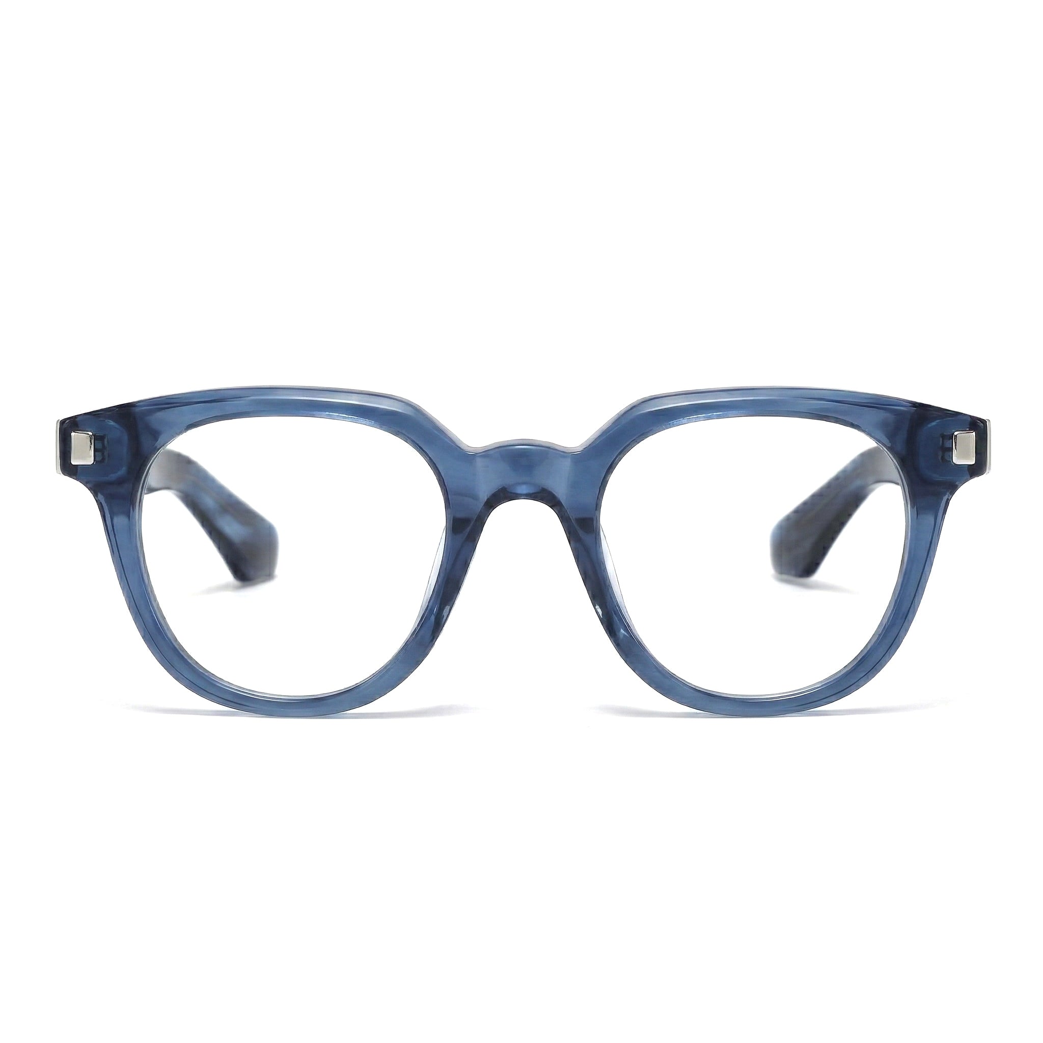 Encore Finesse glasses closeup front view in blue silver frames