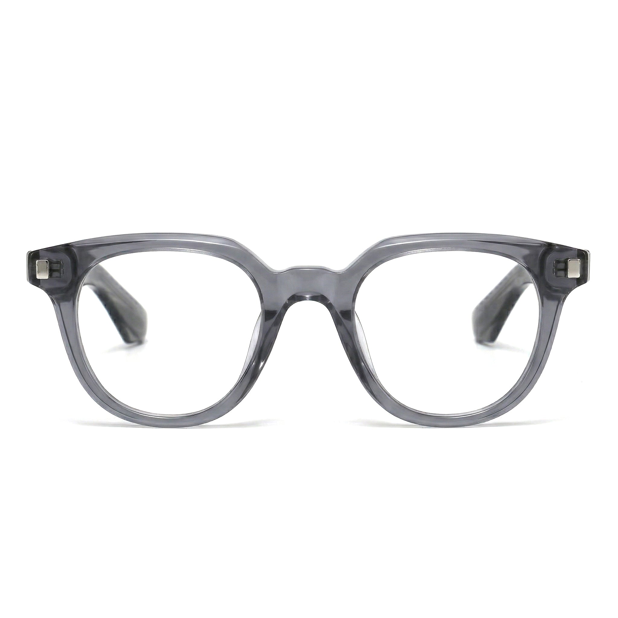 Encore Finesse glasses closeup front view in gray silver frames