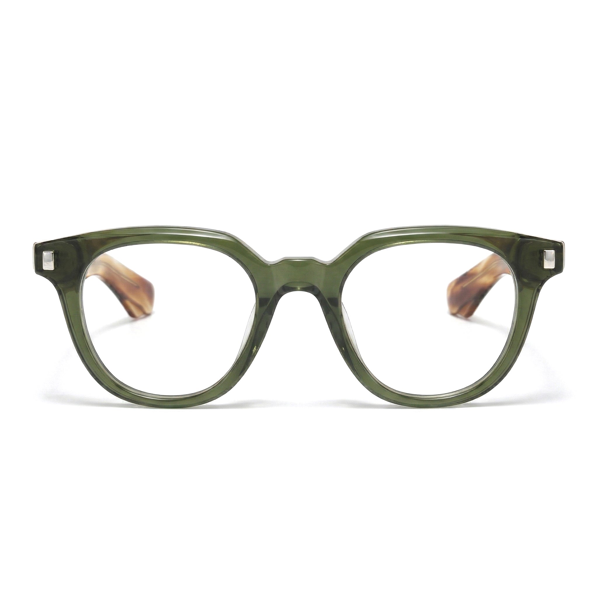 Encore Finesse glasses closeup front view in olive green silver frames