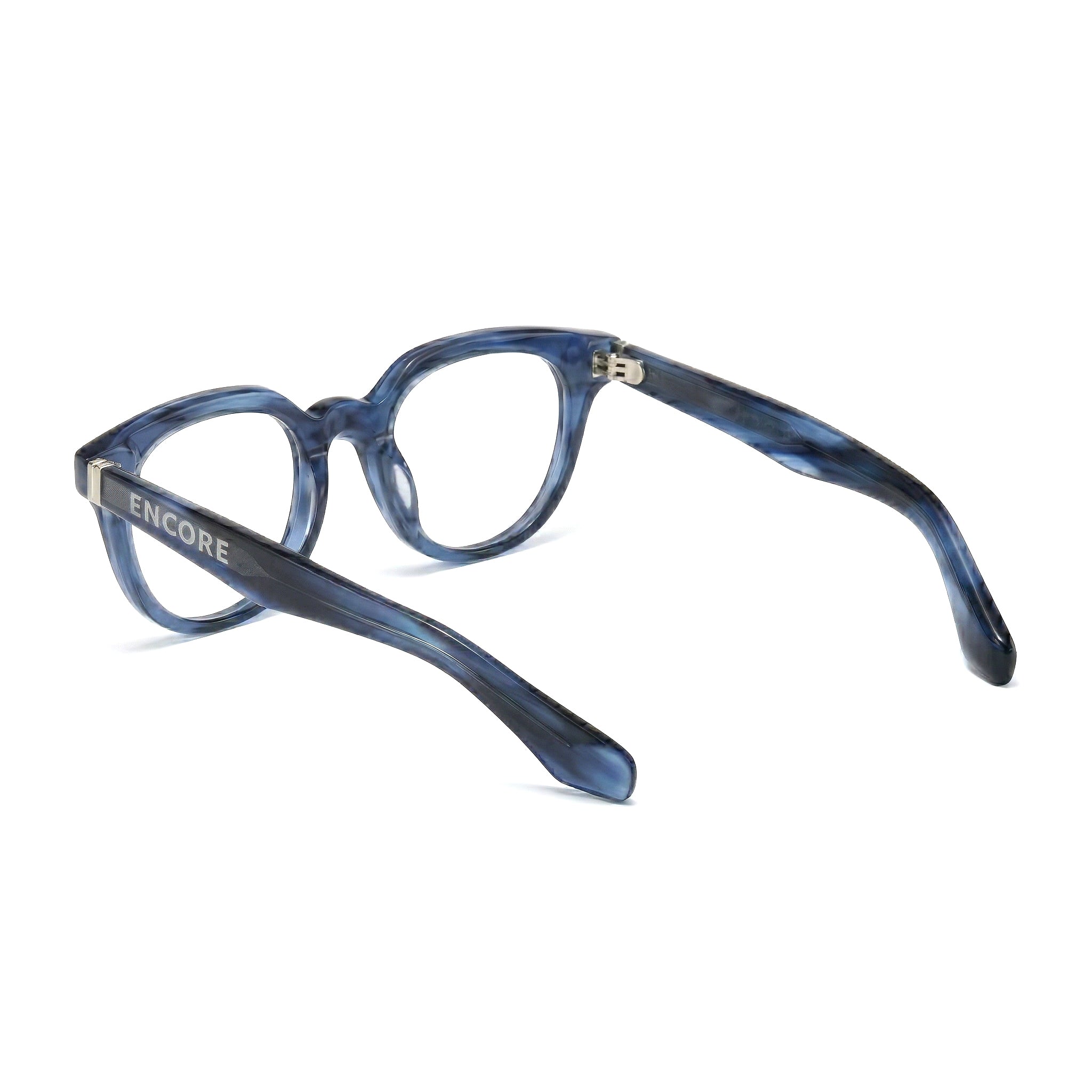 Encore Finesse glasses closeup side view in blue silver frames